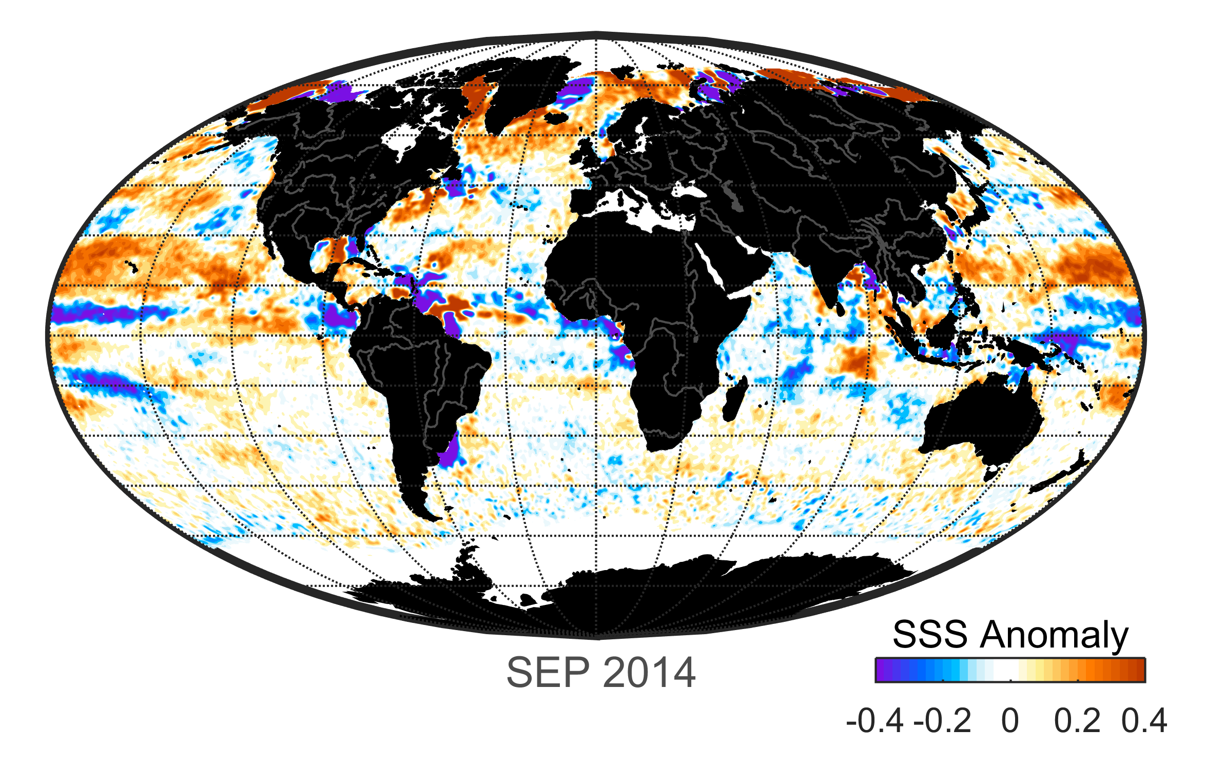 Global map of monthly sea surface salinity anomaly data, September 2014