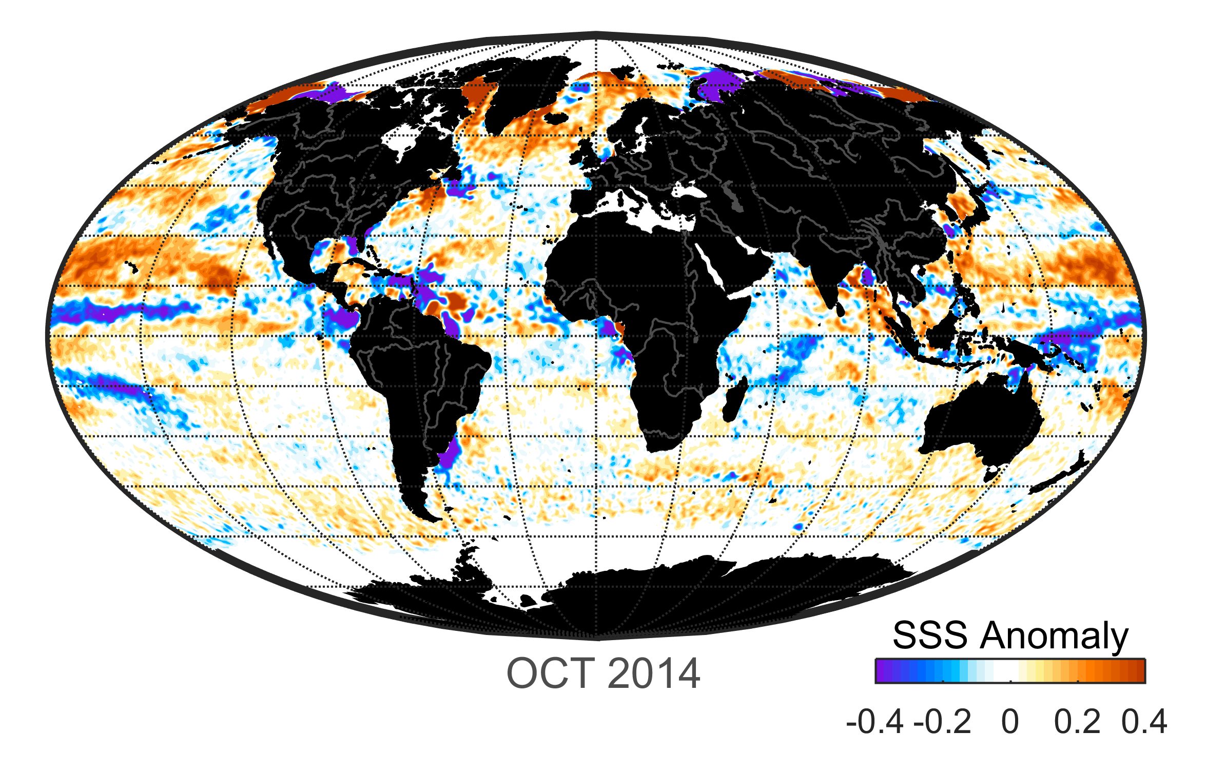 Global map of monthly sea surface salinity, October 2014.