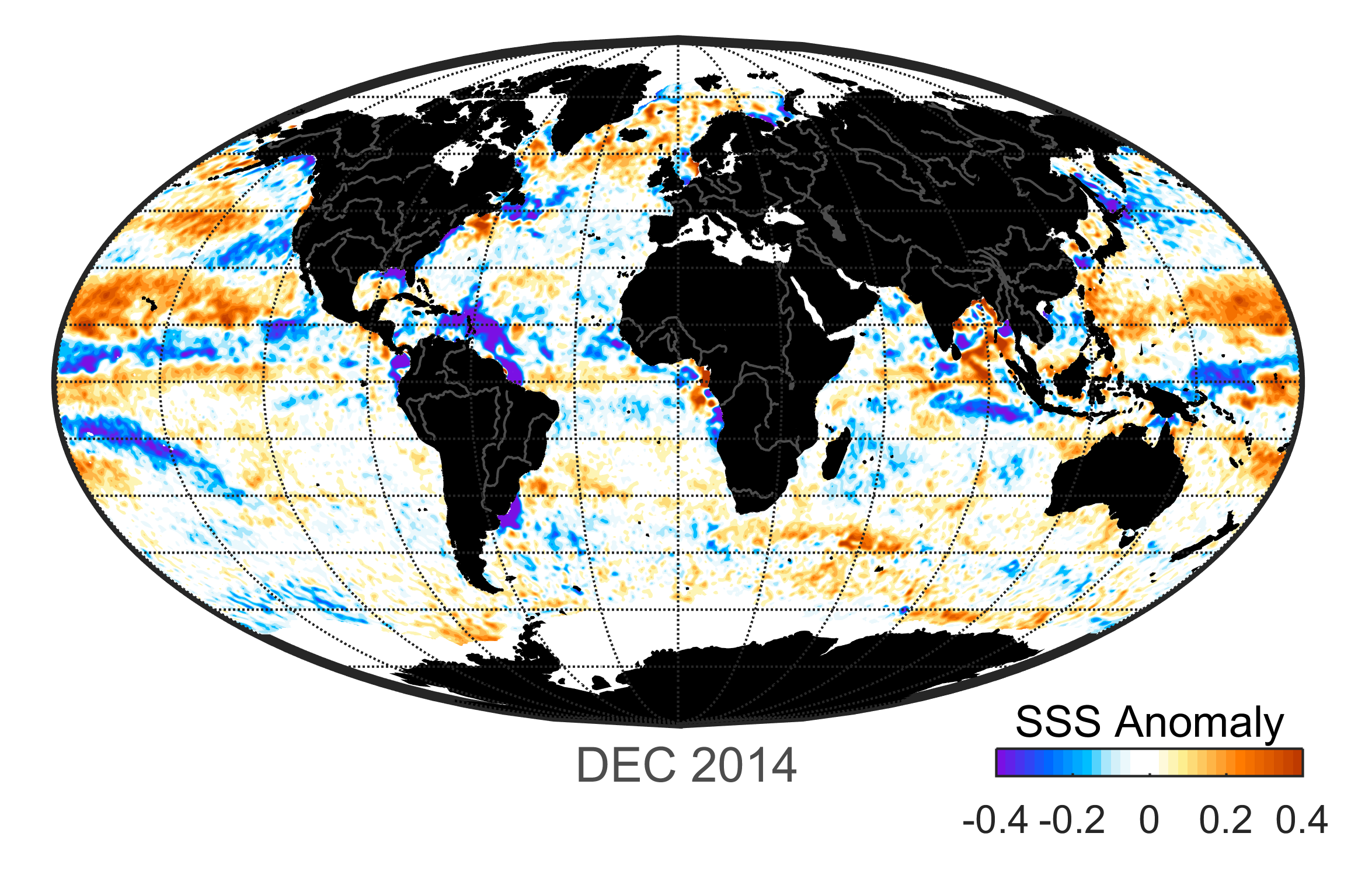 Global map of monthly sea surface salinity anomaly data, December 2014