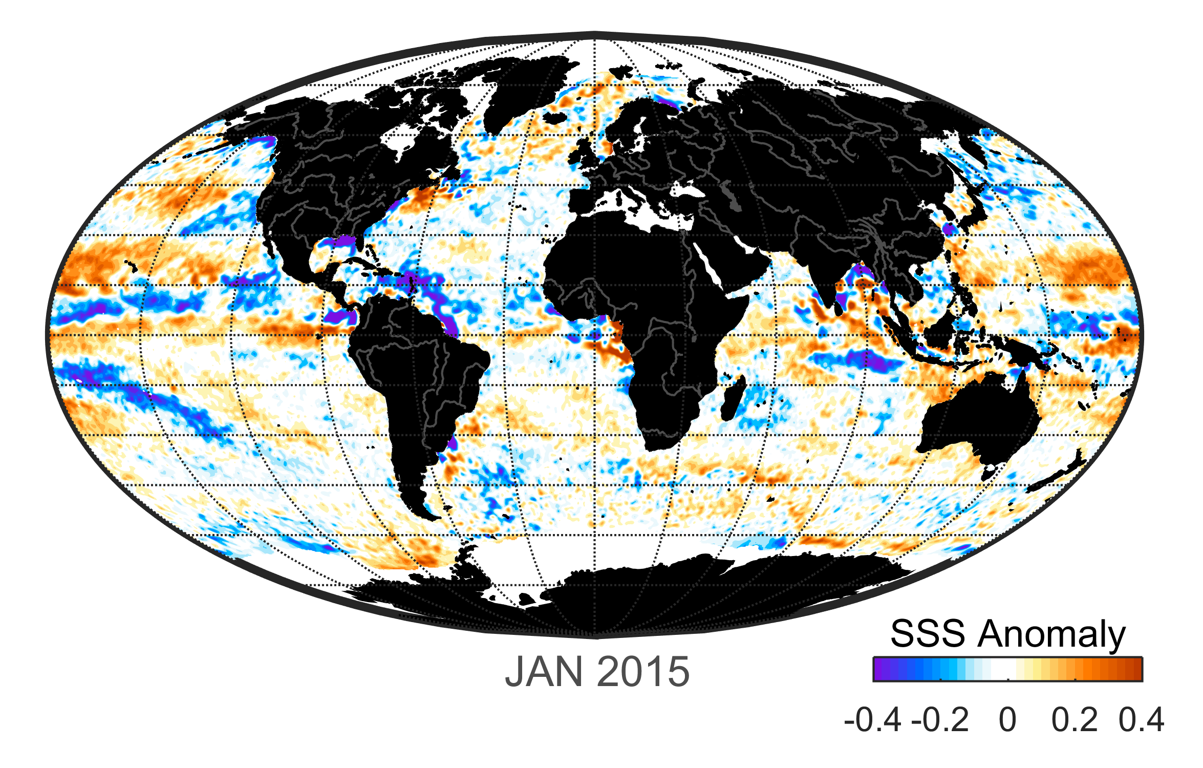 Global map of monthly sea surface salinity anomaly data, January 2015