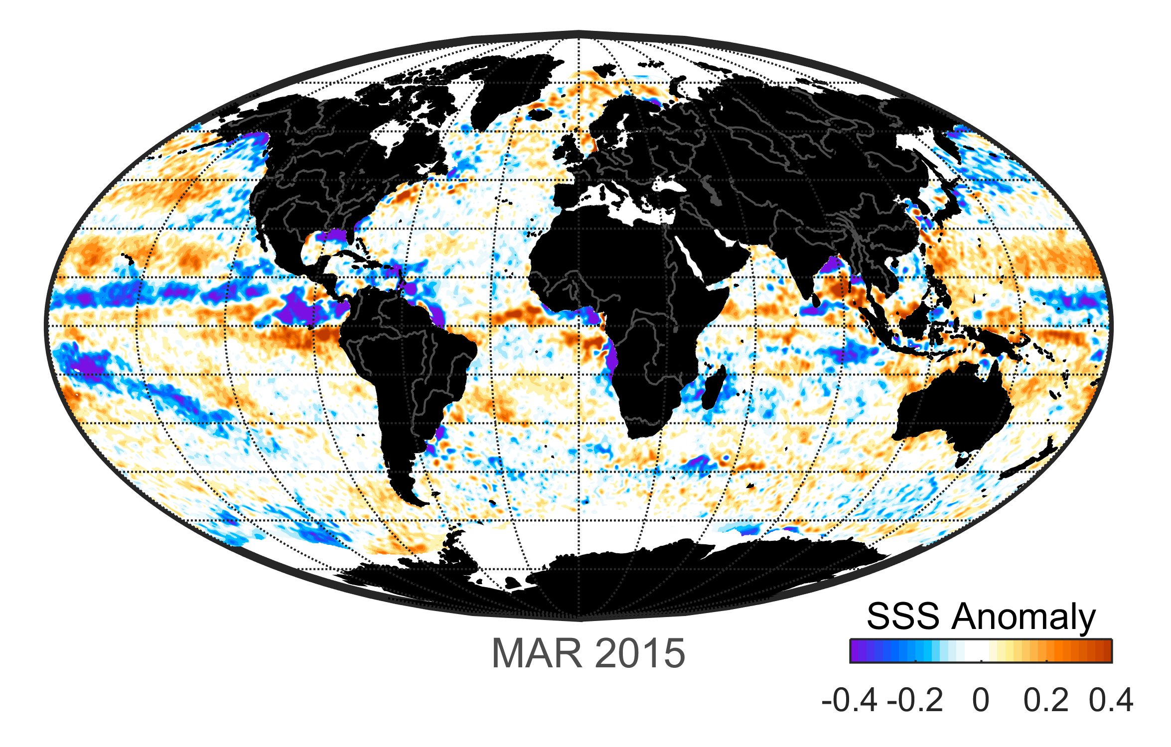 Global map of monthly sea surface salinity, March 2015.