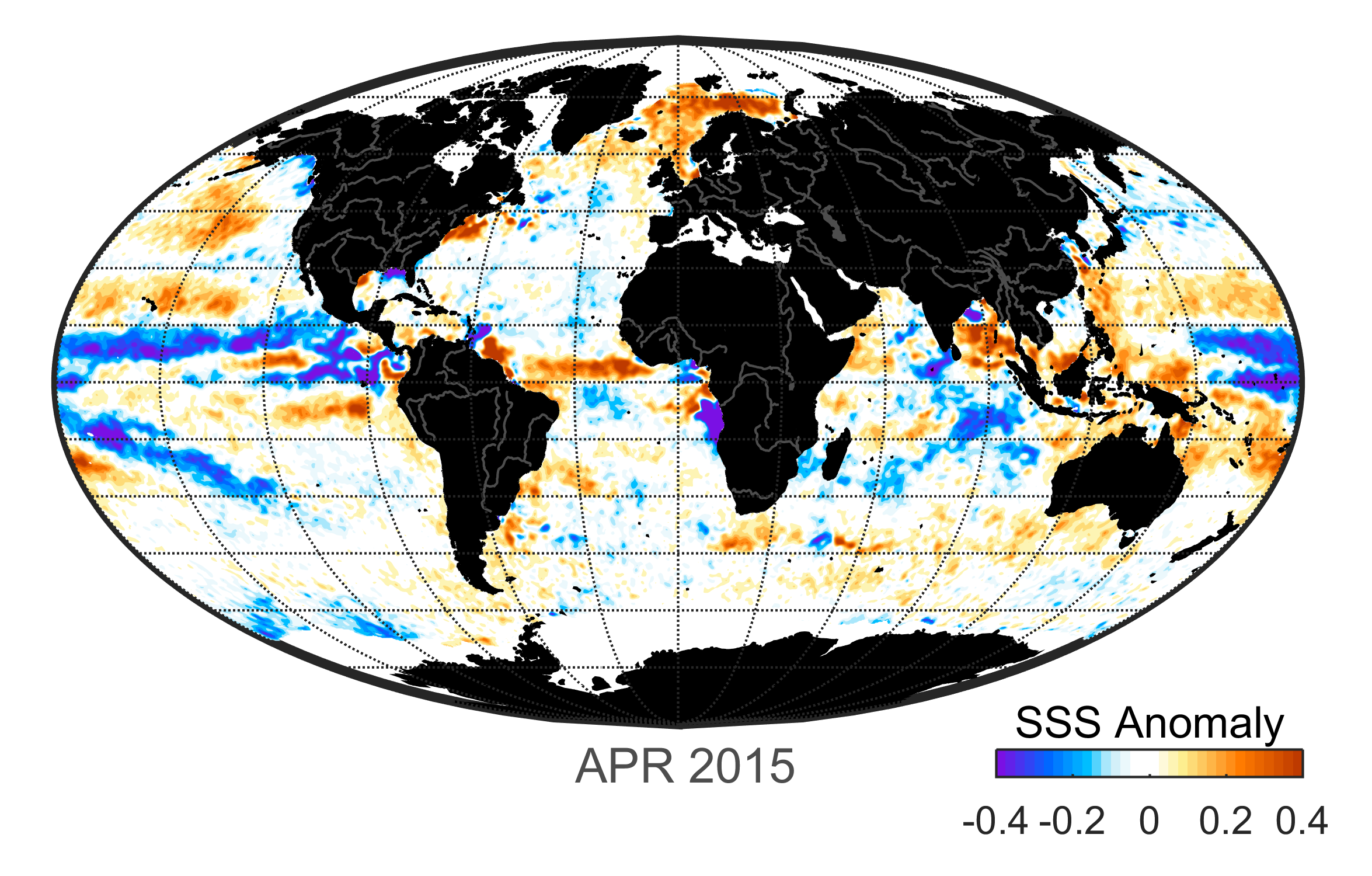 Global map of monthly sea surface salinity anomaly data, April 2015