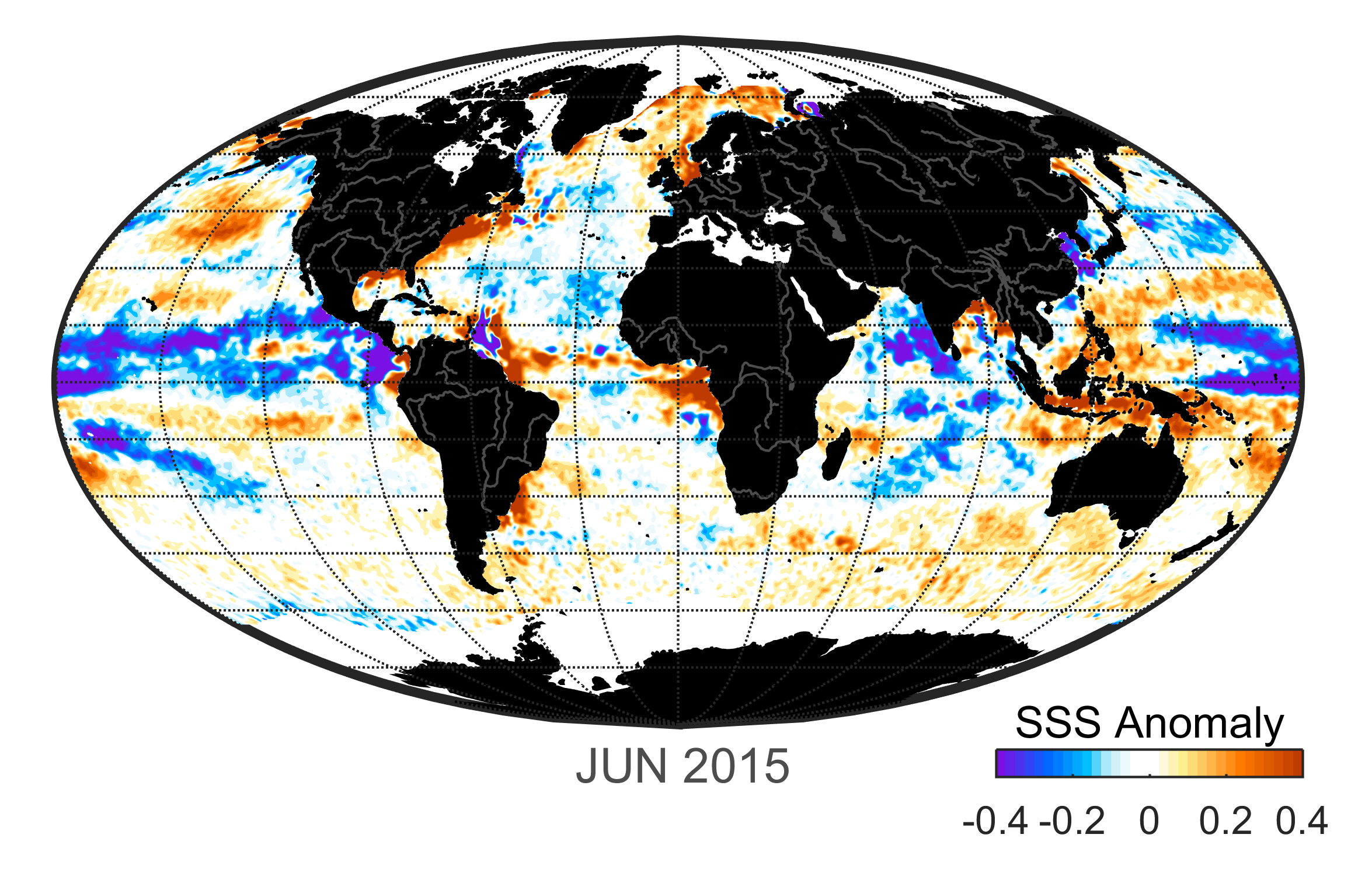 Global map of monthly sea surface salinity anomaly data, June 2015