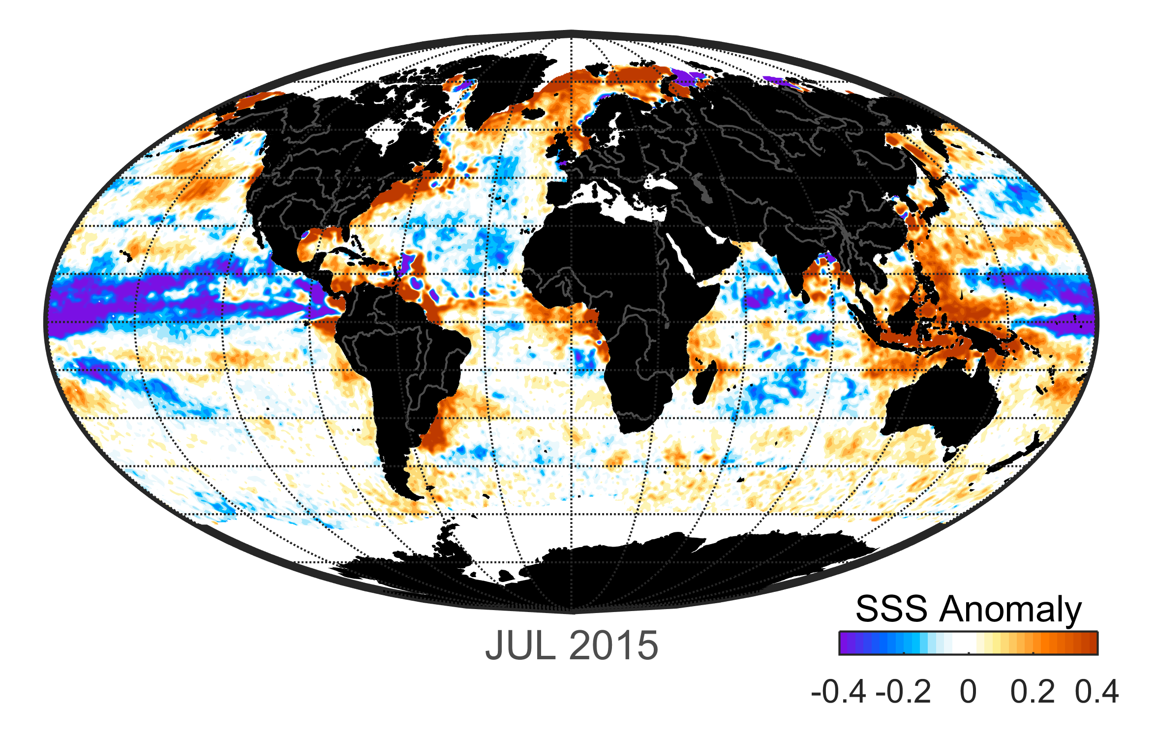 Global map of monthly sea surface salinity anomaly data, July 2015