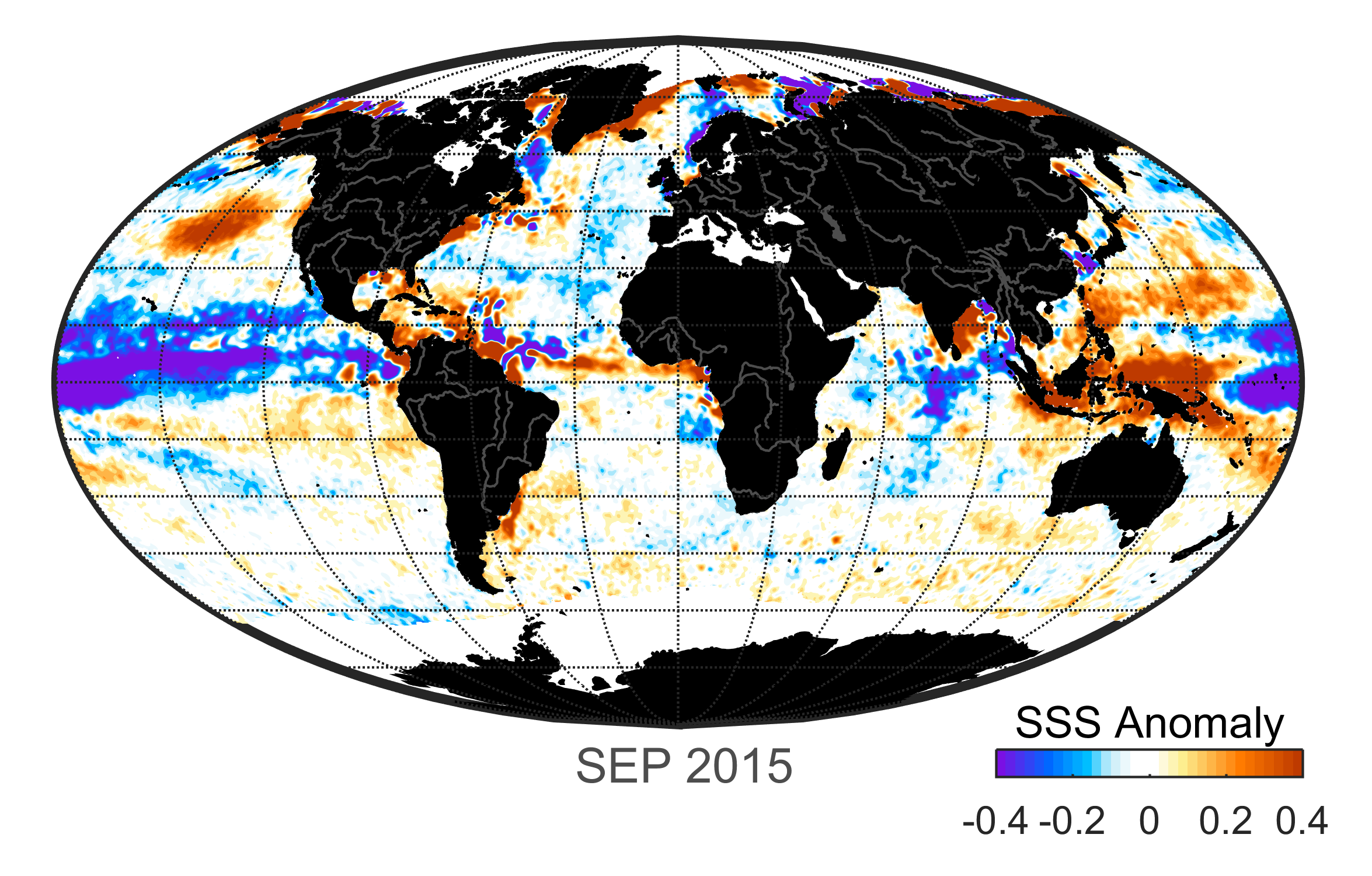 Global map of monthly sea surface salinity anomaly data, September 2015