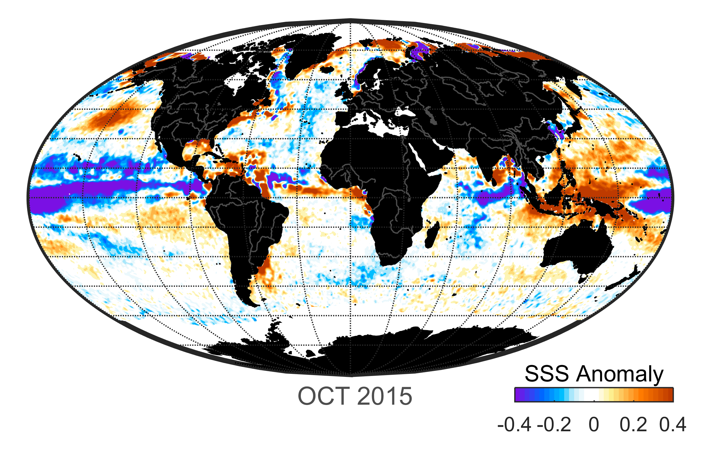 Global map of monthly sea surface salinity anomaly data, October 2015