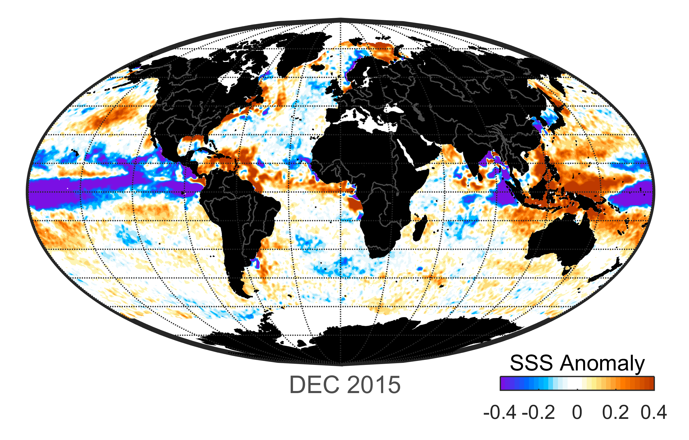 Global map of monthly sea surface salinity anomaly data, December 2015