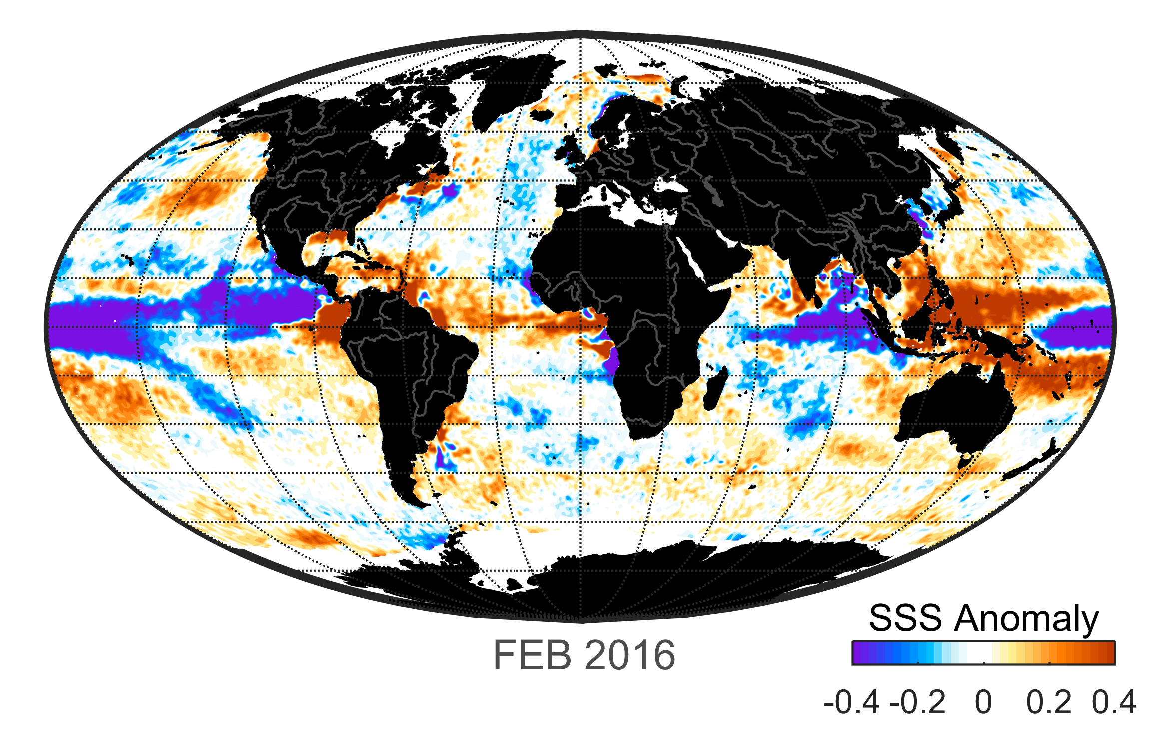 Global map of monthly sea surface salinity, February 2016.