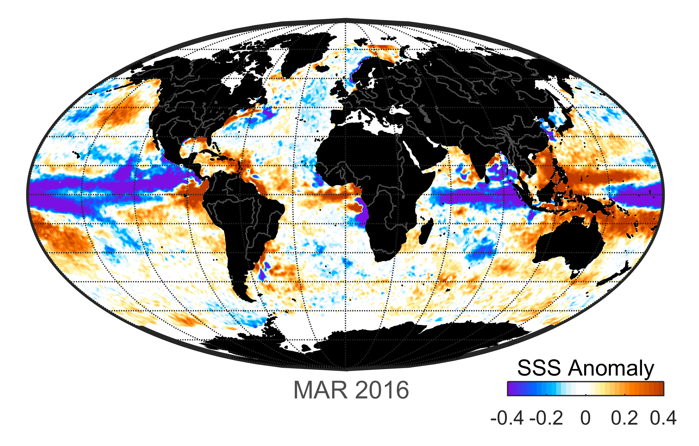 Global map of monthly sea surface salinity, March 2016.