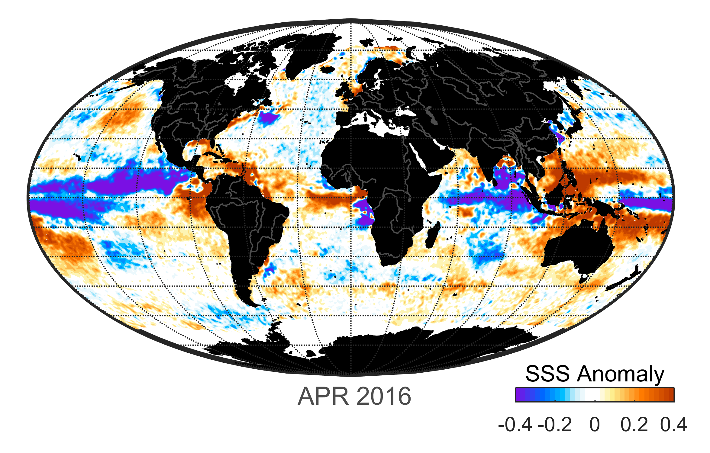 Global map of monthly sea surface salinity anomaly data, April 2016