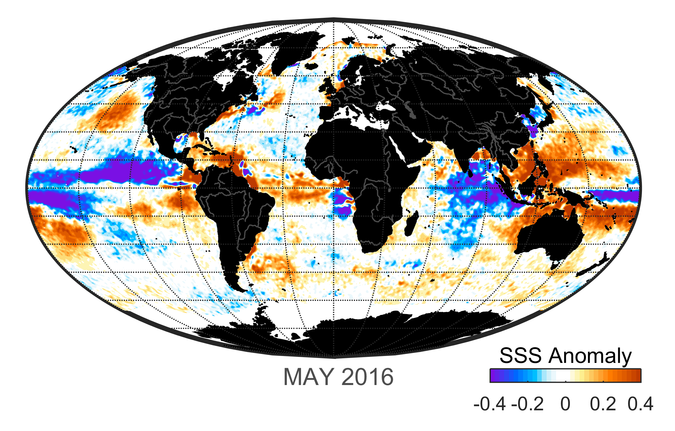 Global map of monthly sea surface salinity anomaly data, May 2016