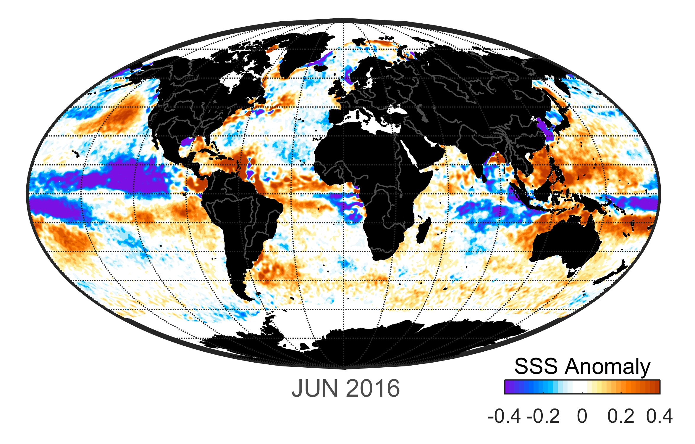 Global map of monthly sea surface salinity anomaly data, June 2016