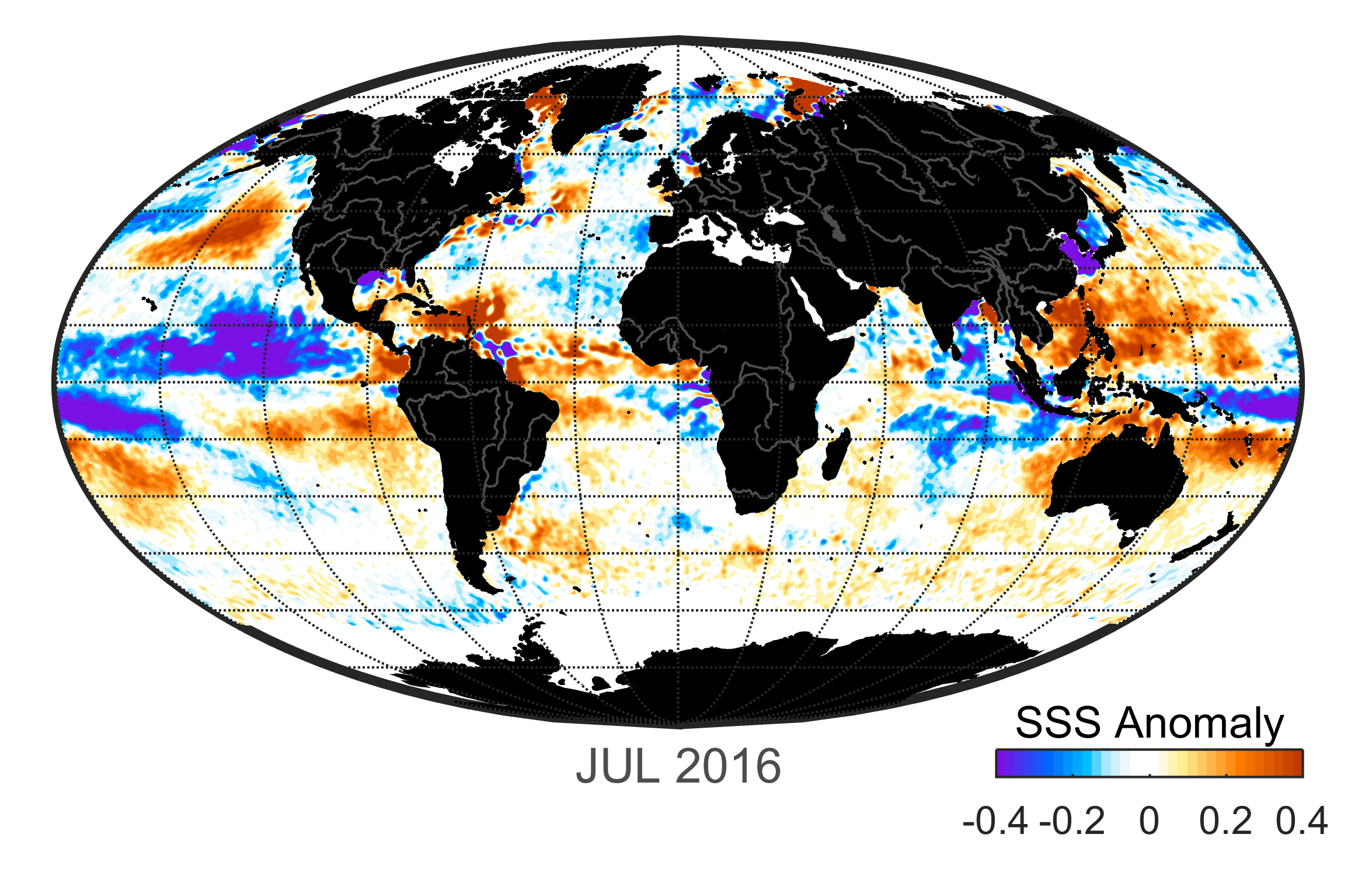 Global map of monthly sea surface salinity anomaly data, July 2016