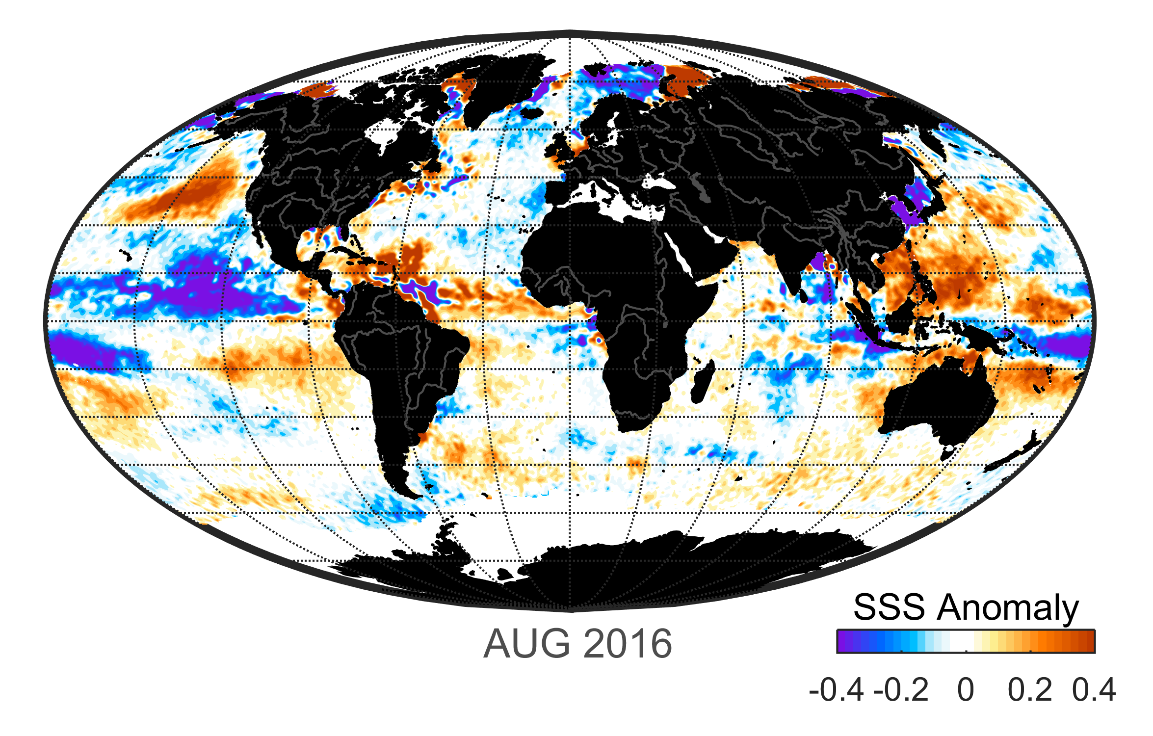 Global map of monthly sea surface salinity, August 2016.