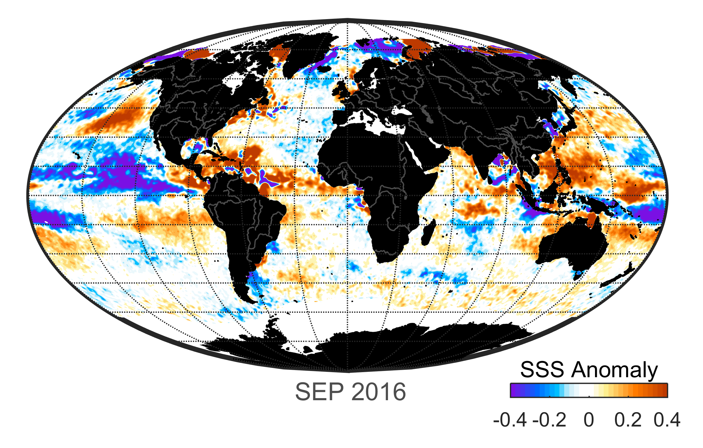 Global map of monthly sea surface salinity anomaly data, September 2016