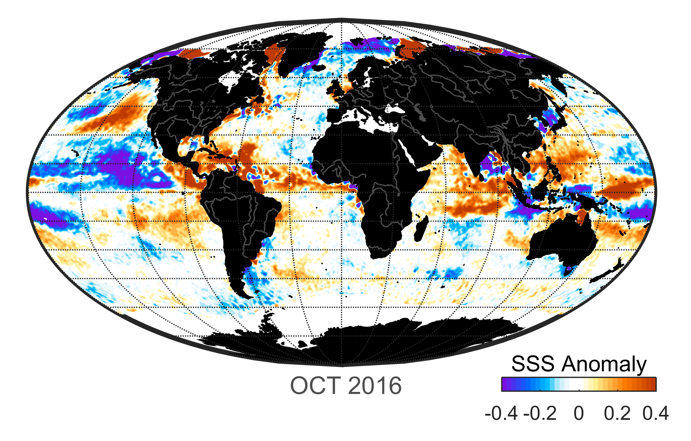 Global map of monthly sea surface salinity anomaly data, October 2016