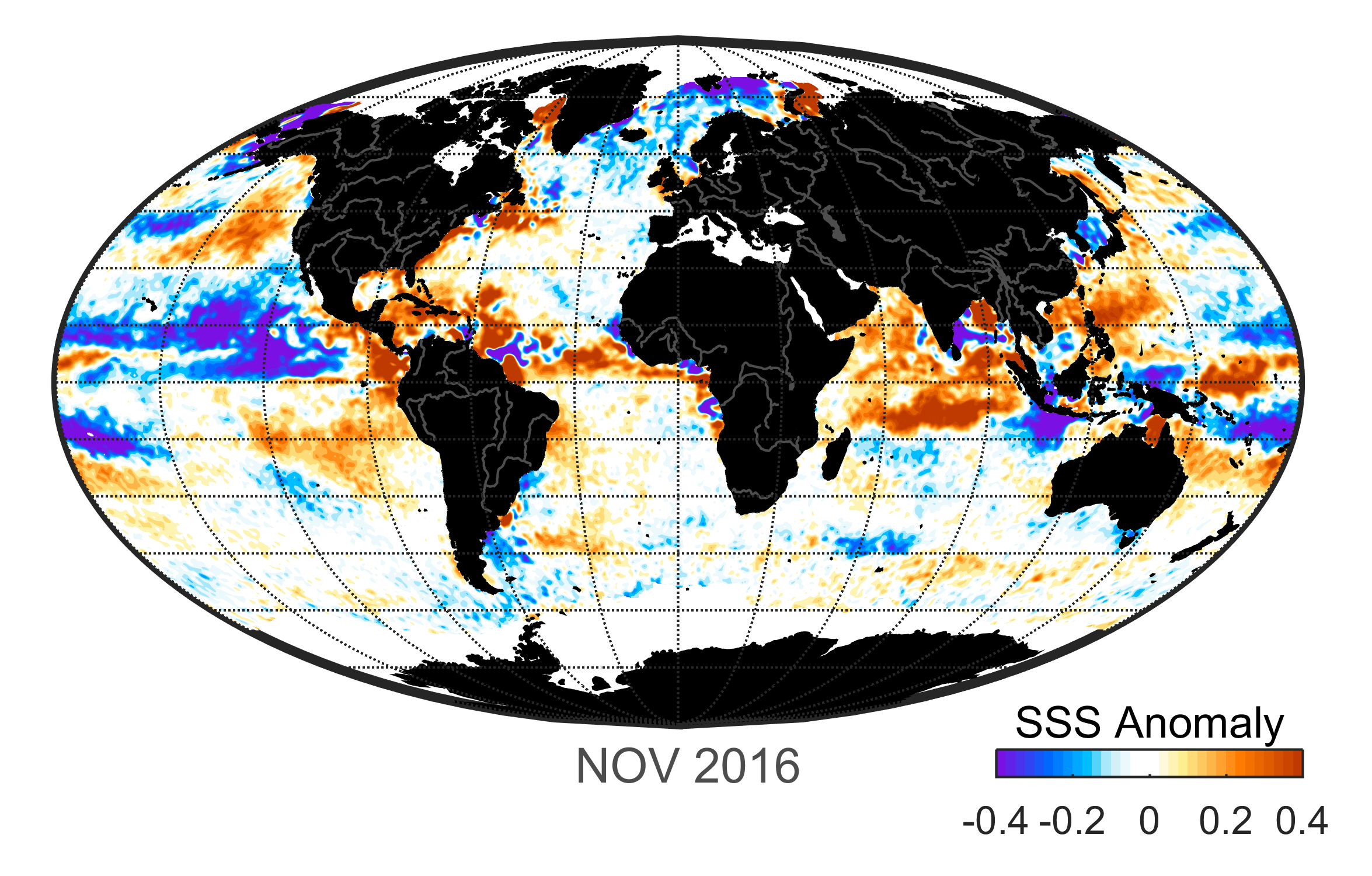 Global map of monthly sea surface salinity anomaly data, November 2016