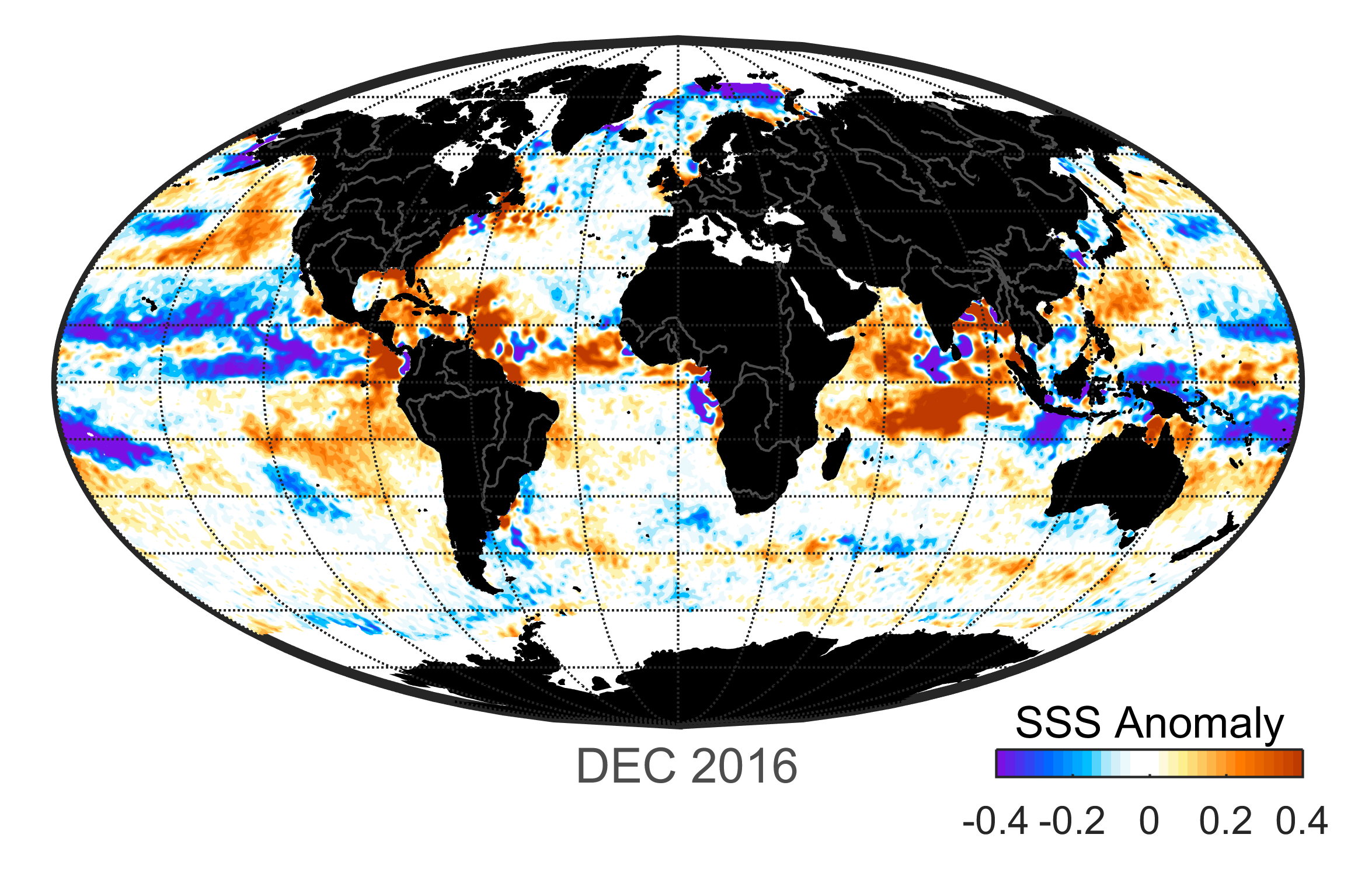 Global map of monthly sea surface salinity anomaly data, December 2016