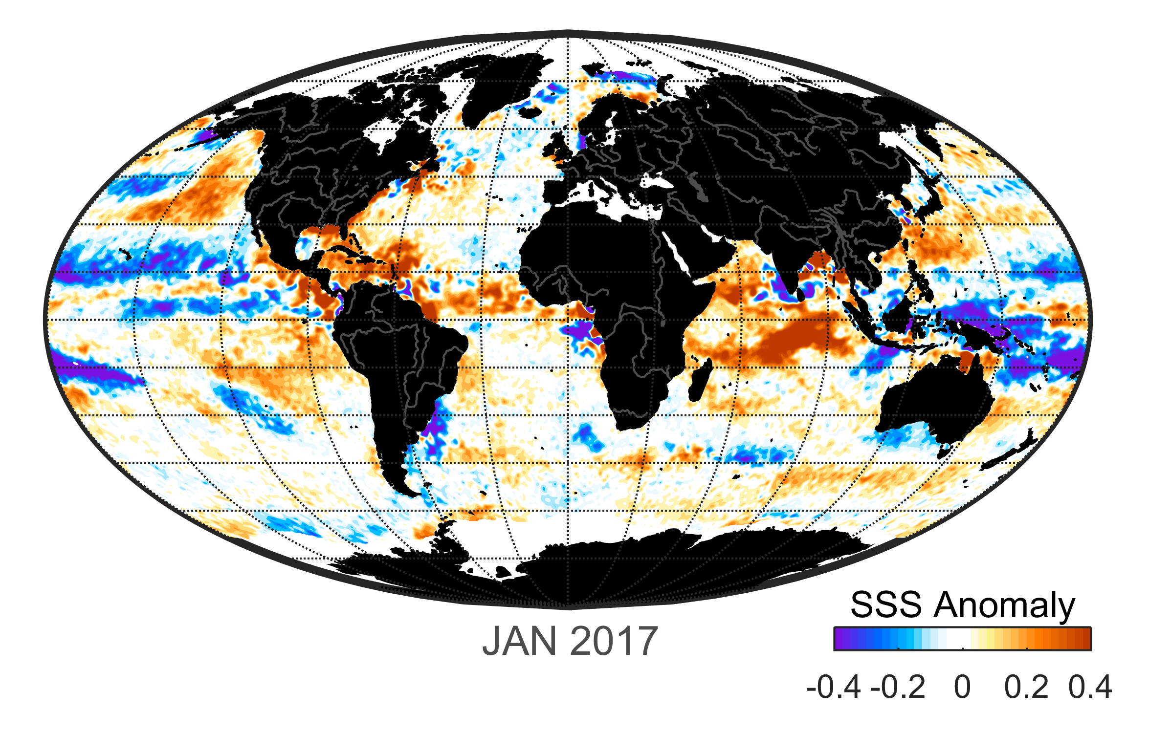 Global map of monthly sea surface salinity anomaly data, January 2017