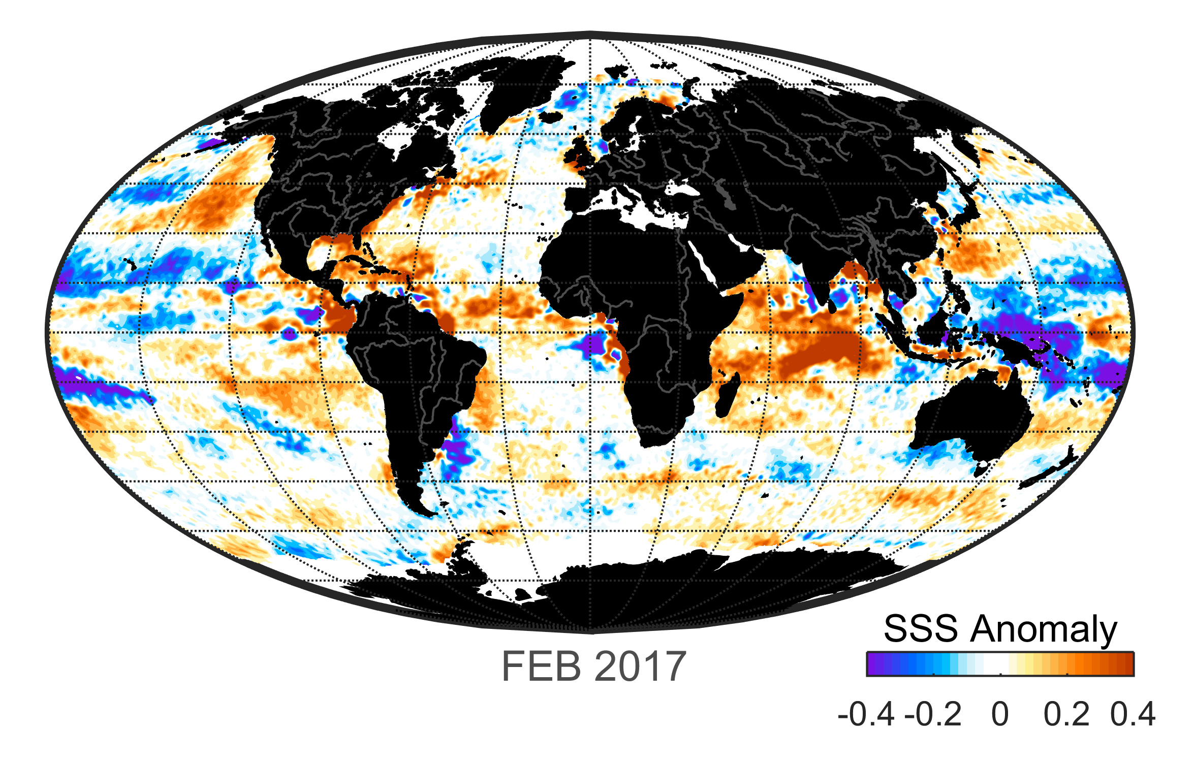 Global map of monthly sea surface salinity anomaly data, February 2017