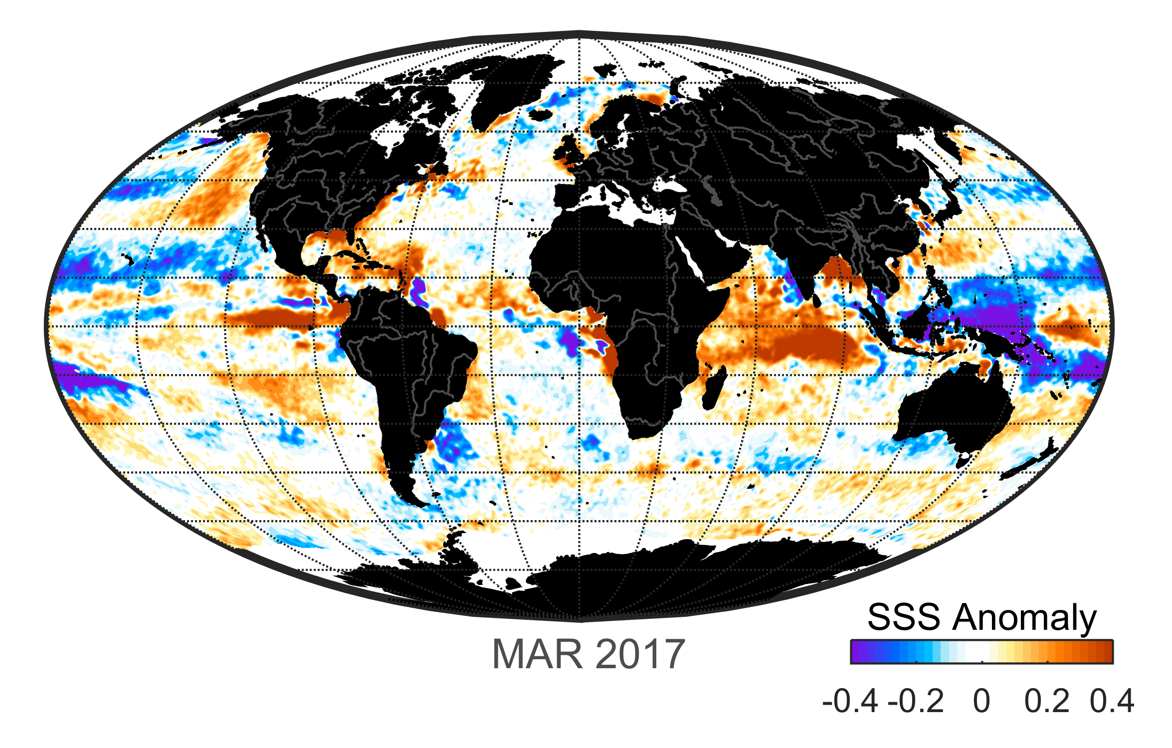 Global map of monthly sea surface salinity anomaly data, March 2017