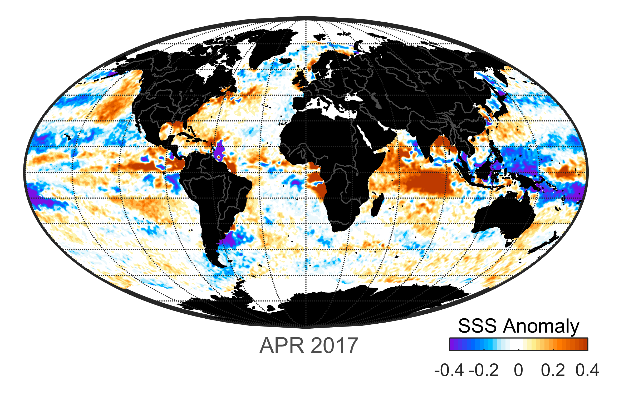 Global map of monthly sea surface salinity anomaly data, April 2017