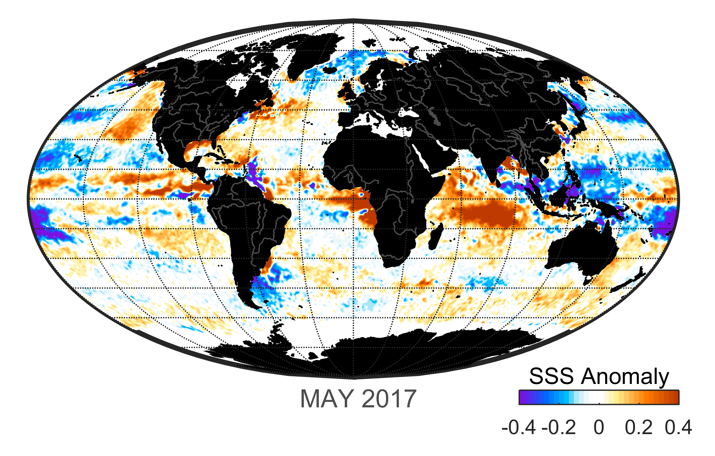 Global map of monthly sea surface salinity anomaly data, May 2017