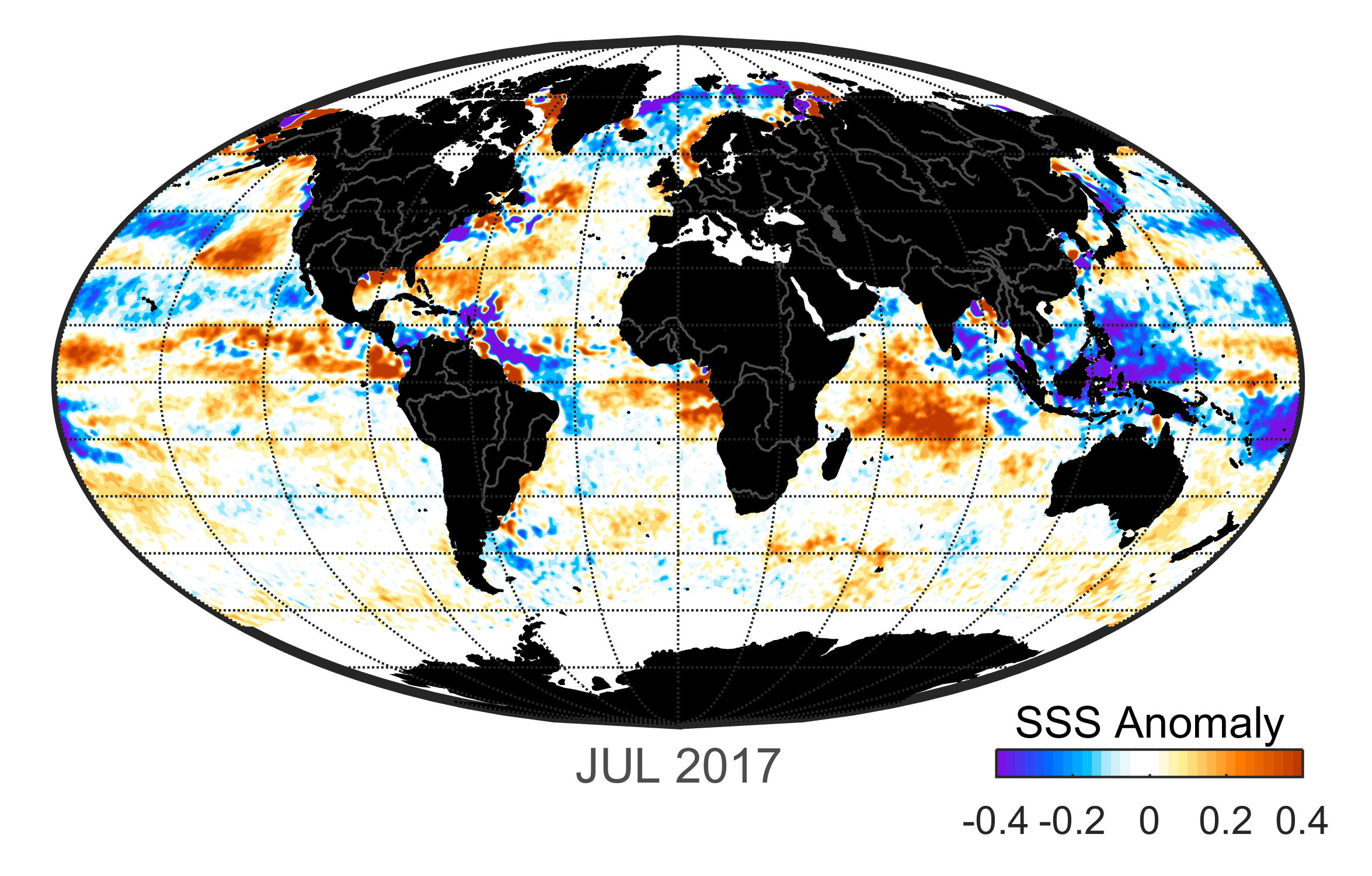 Global map of monthly sea surface salinity anomaly data, July 2017