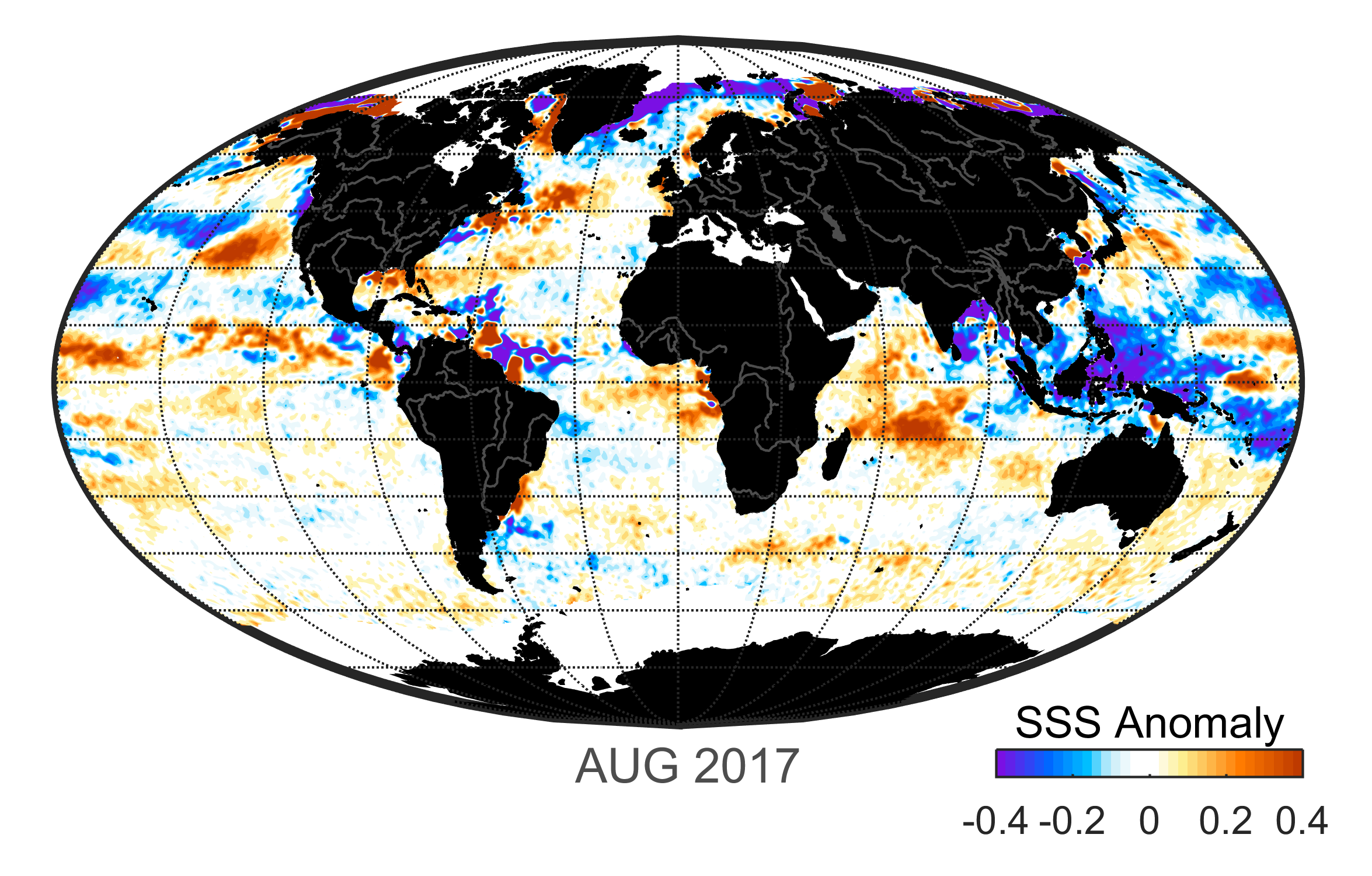 Global map of monthly sea surface salinity anomaly data, August 2017