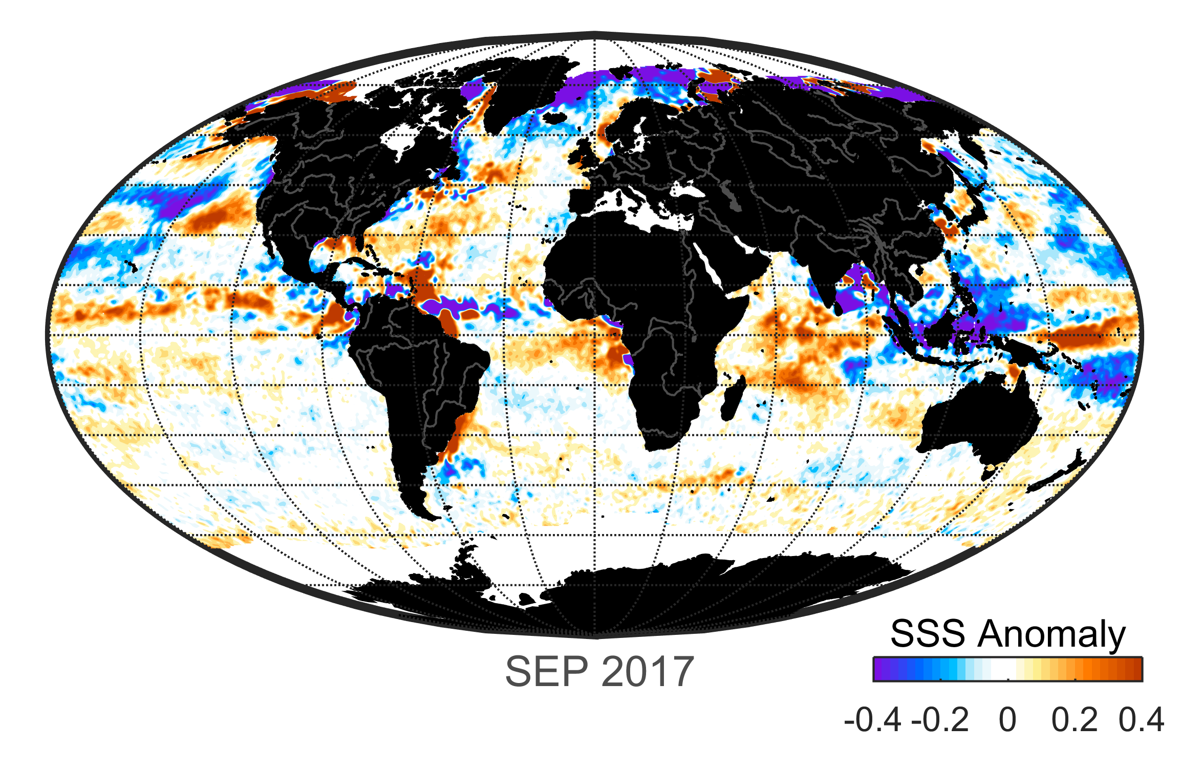Global map of monthly sea surface salinity anomaly data, September 2017