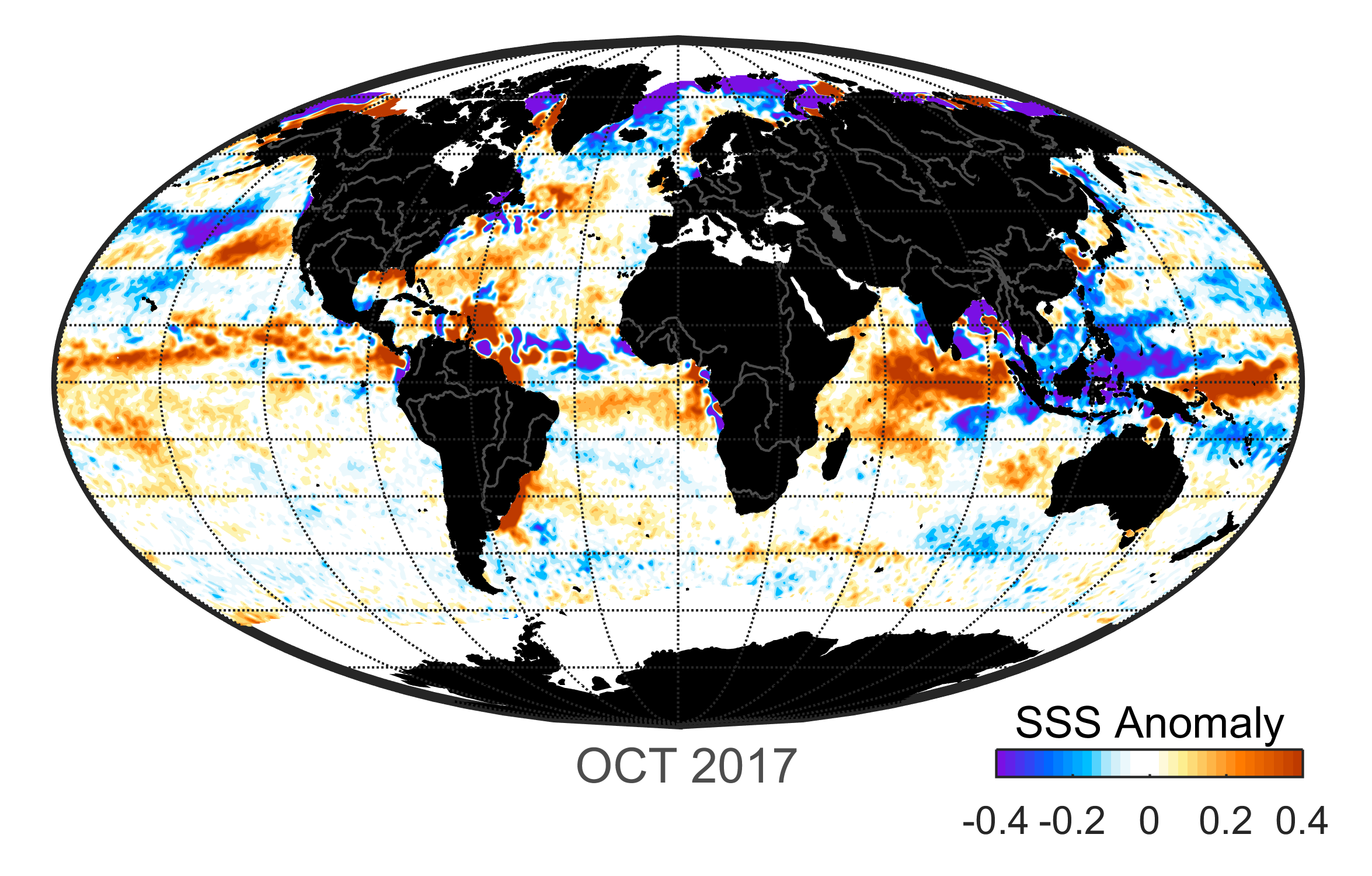 Global map of monthly sea surface salinity anomaly data, October 2017