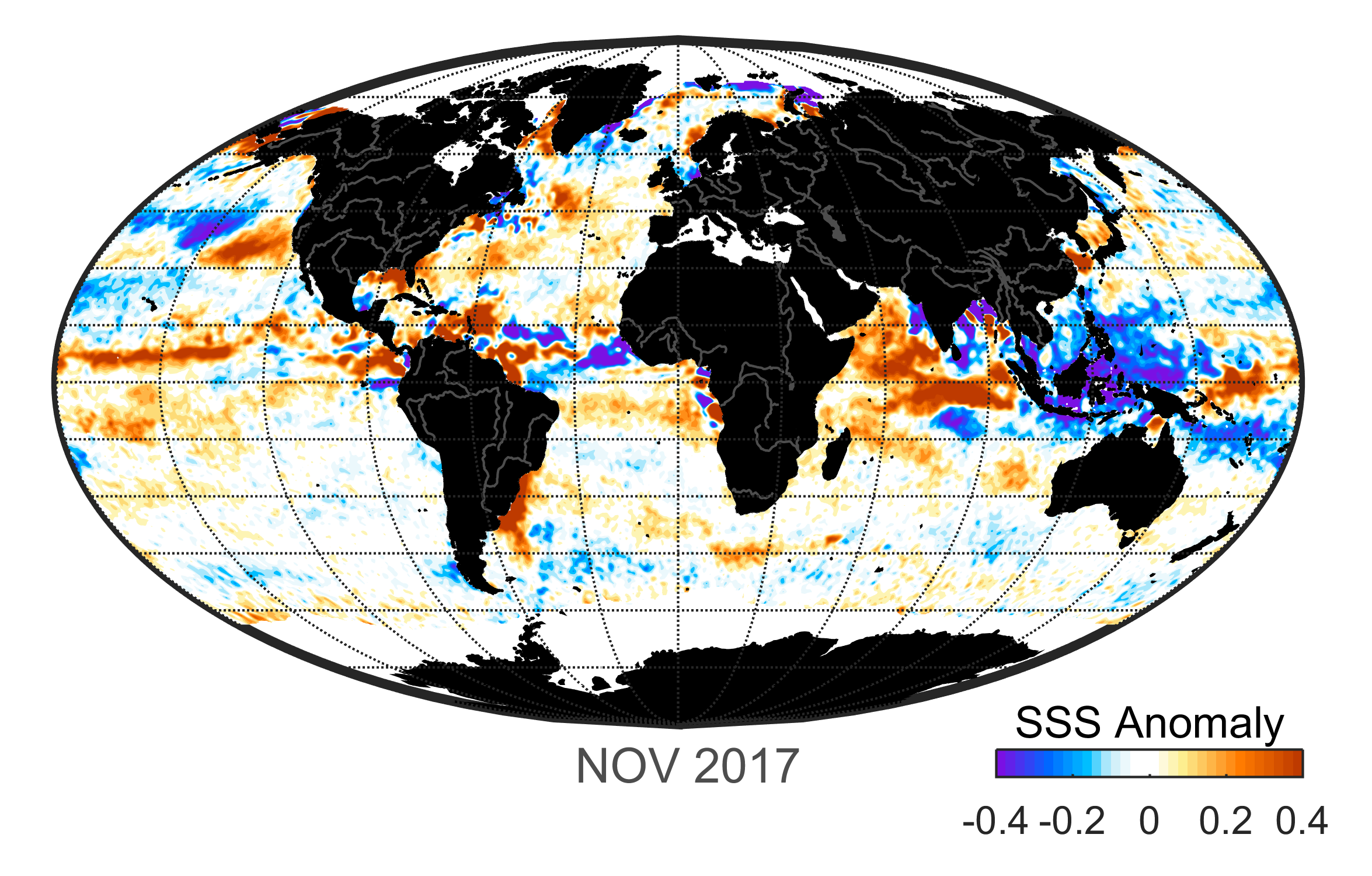 Global map of monthly sea surface salinity anomaly data, November 2017