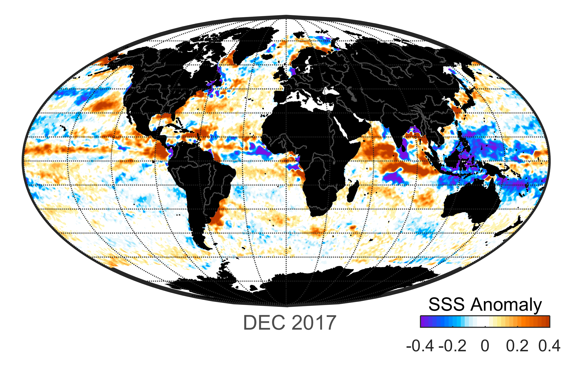 Global map of monthly sea surface salinity anomaly data, December 2017