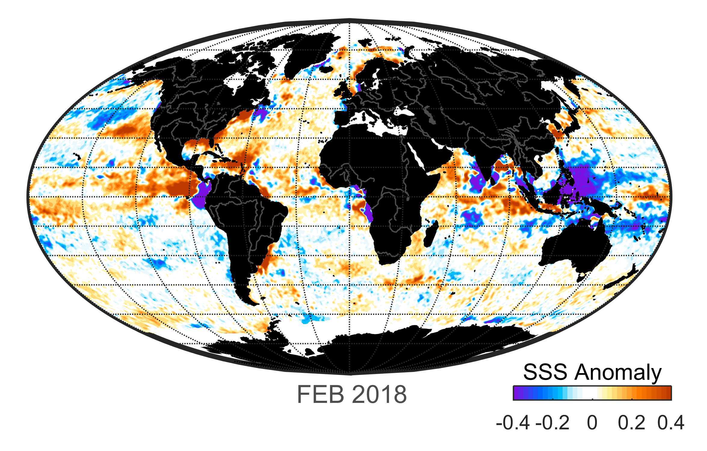 Global map of monthly sea surface salinity, February 2018.