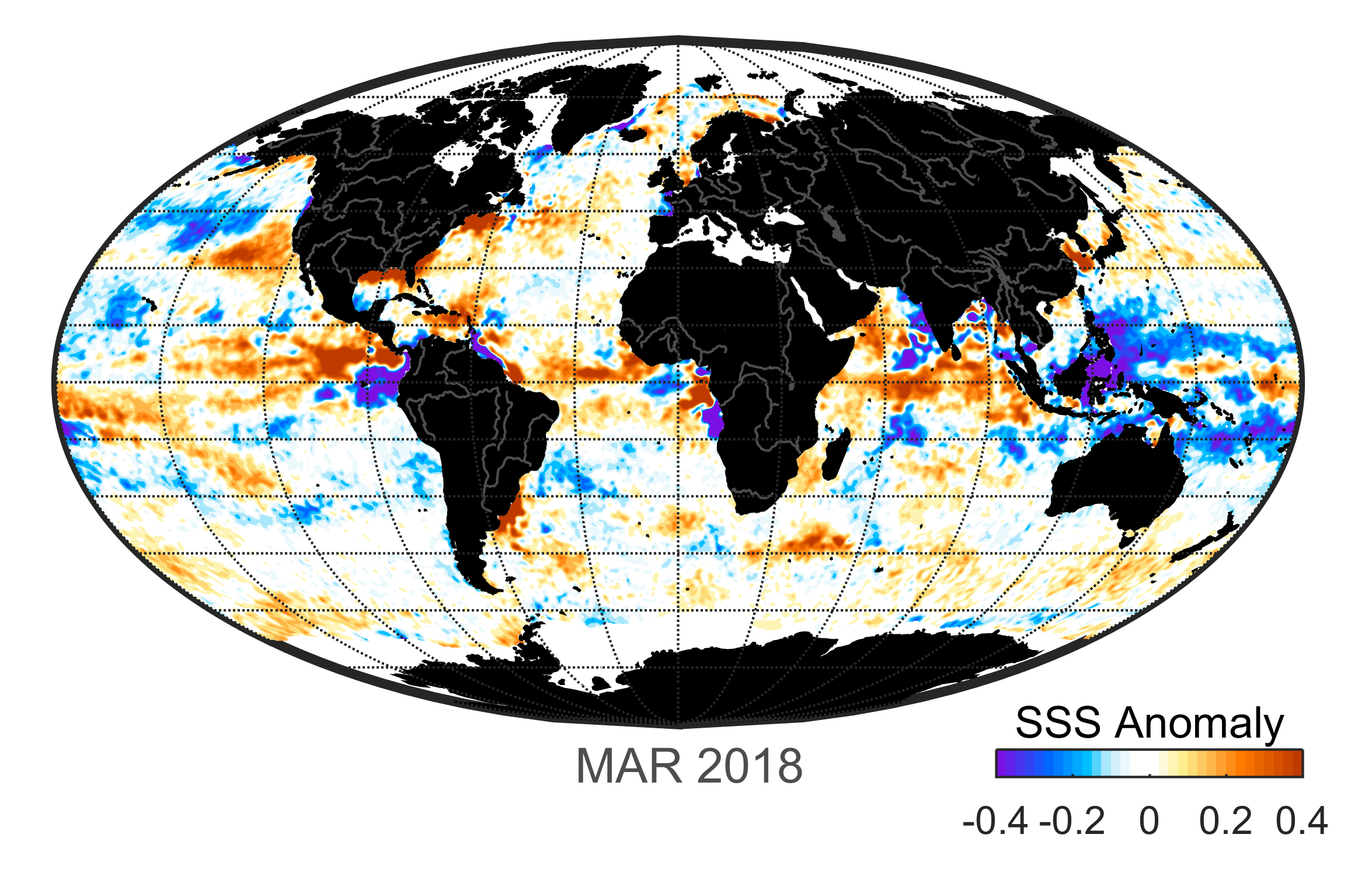 Global map of monthly sea surface salinity anomaly data, March 2018