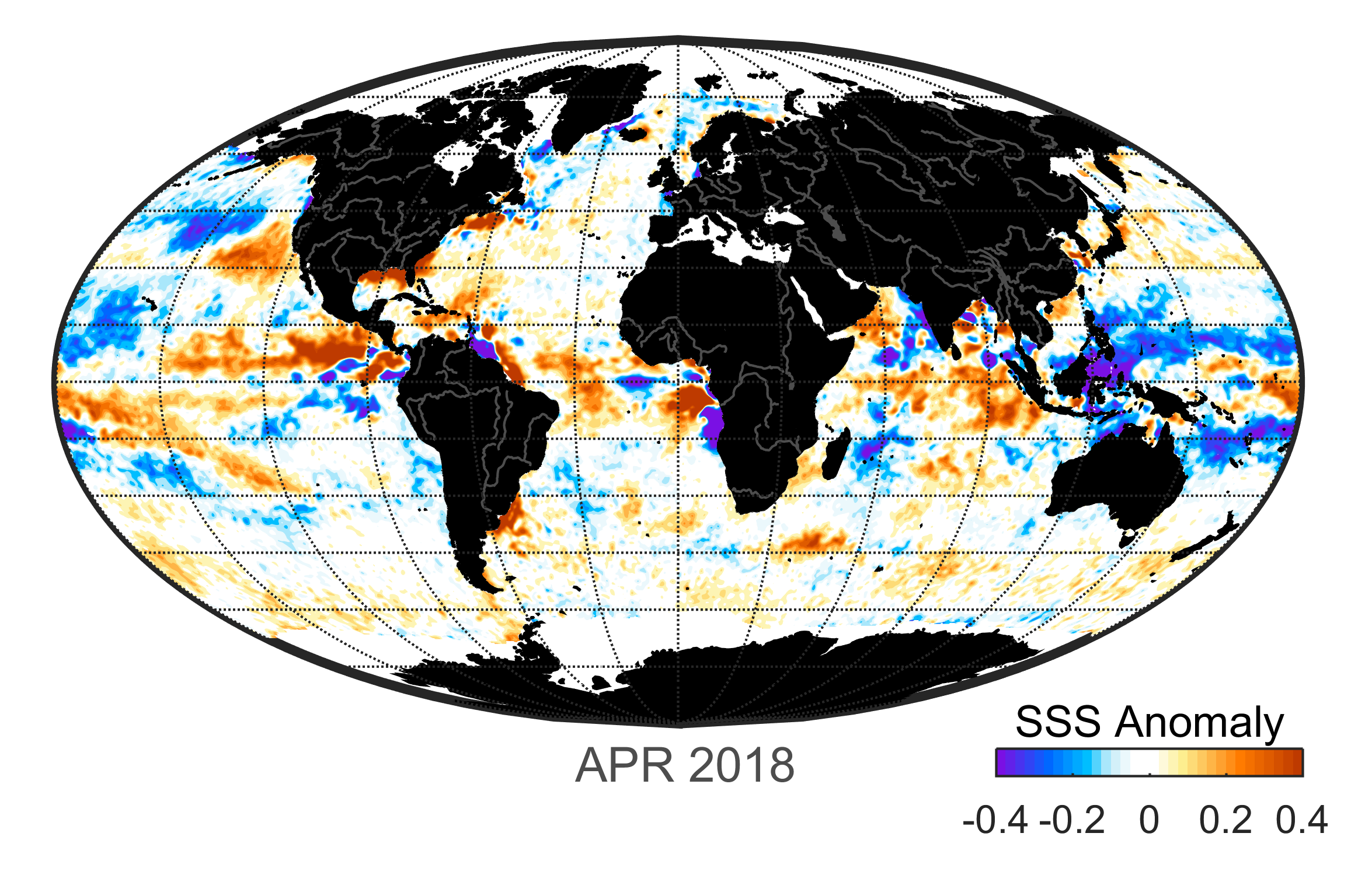 Global map of monthly sea surface salinity anomaly data, April 2018