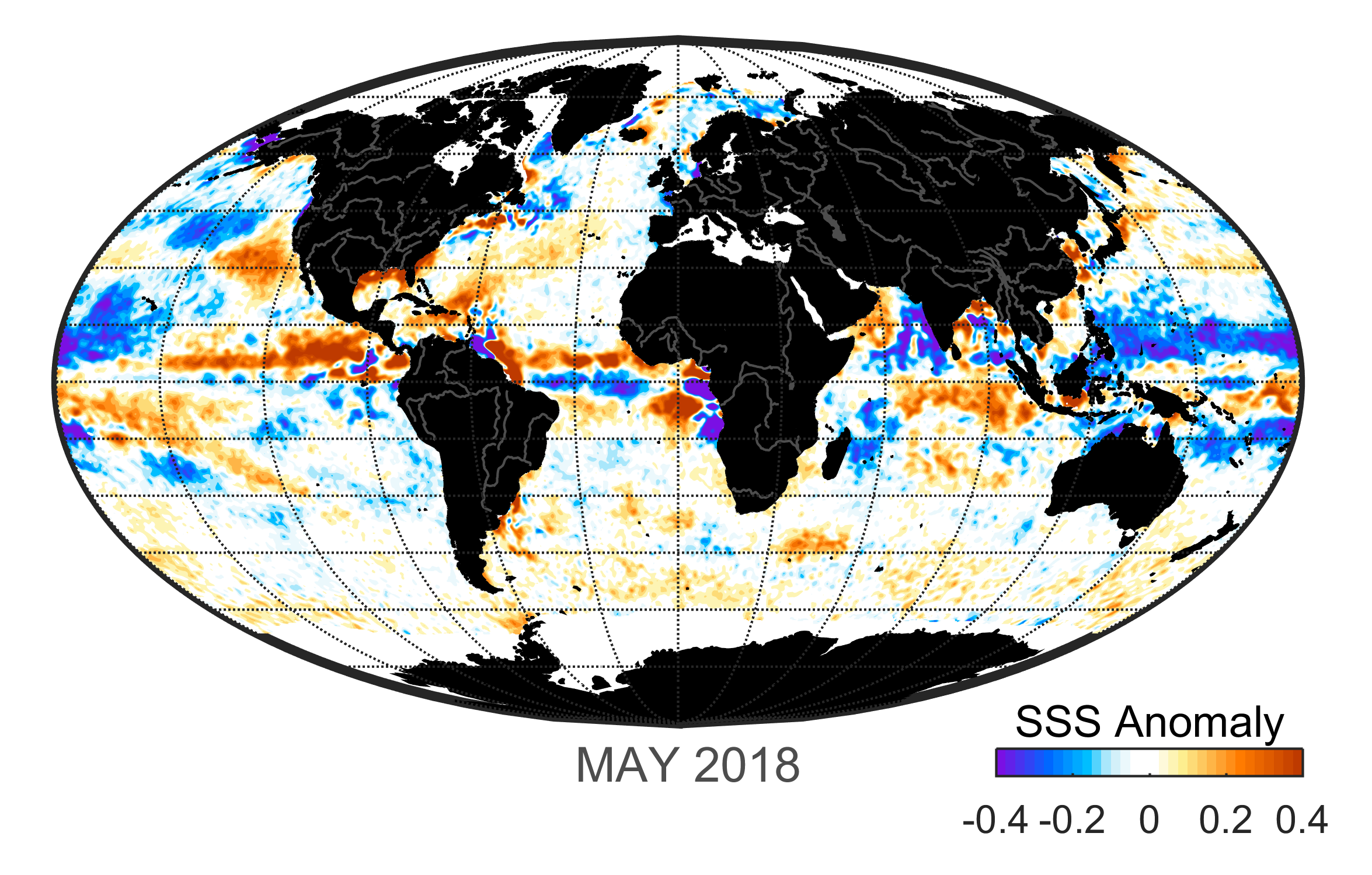 Global map of monthly sea surface salinity, May 2018.