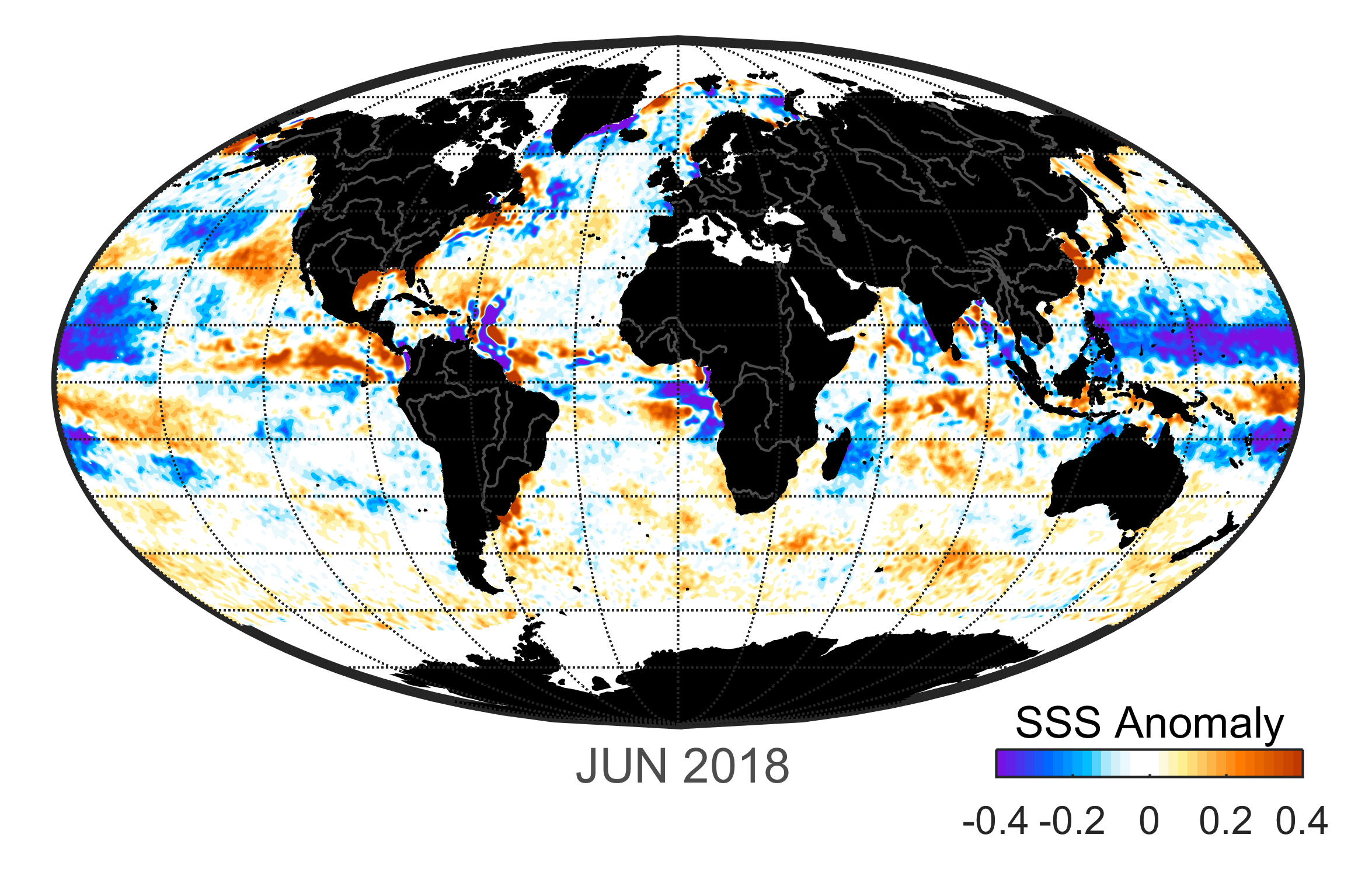 Global map of monthly sea surface salinity anomaly data, June 2018