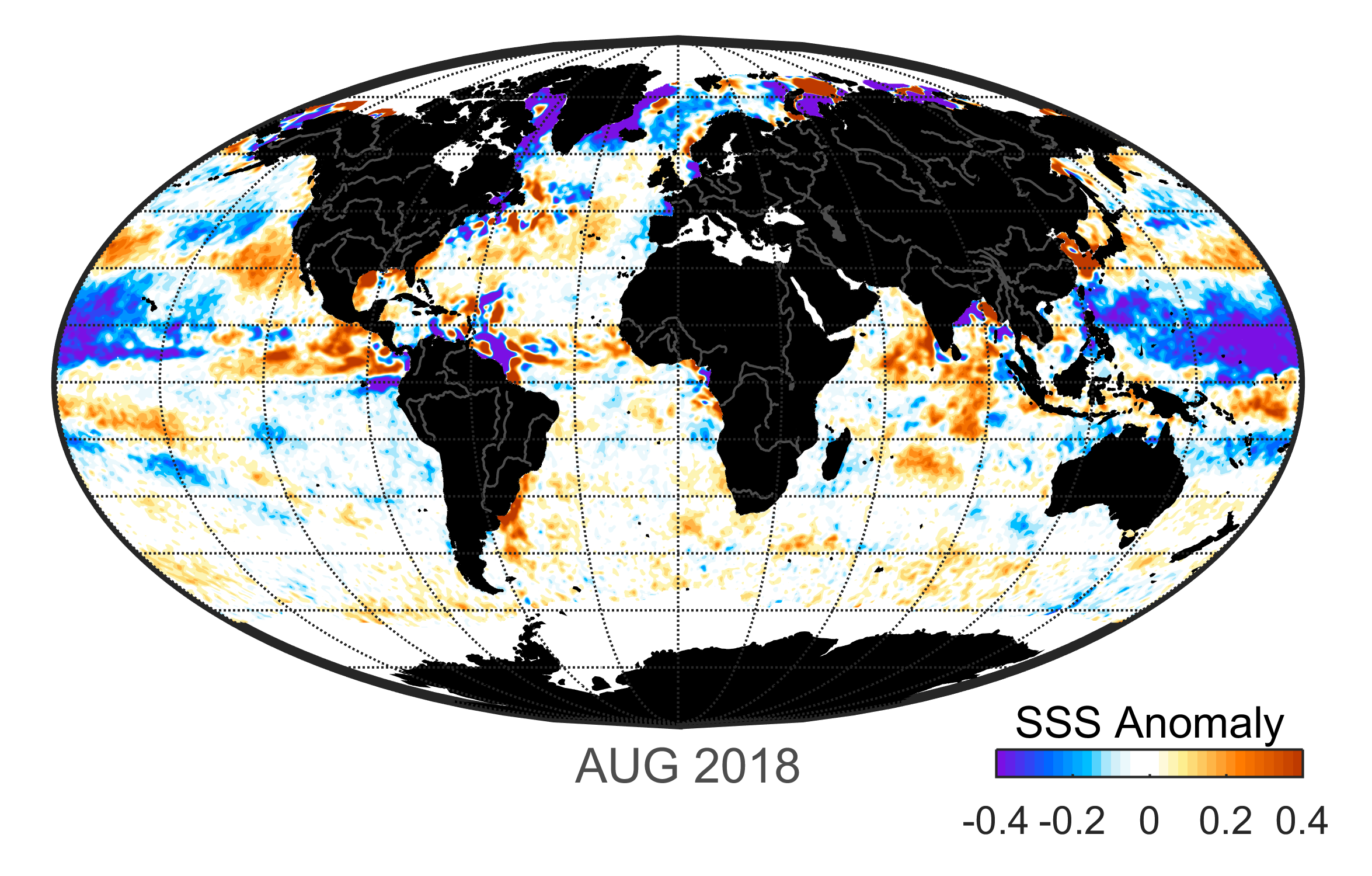 Global map of monthly sea surface salinity, August 2018.