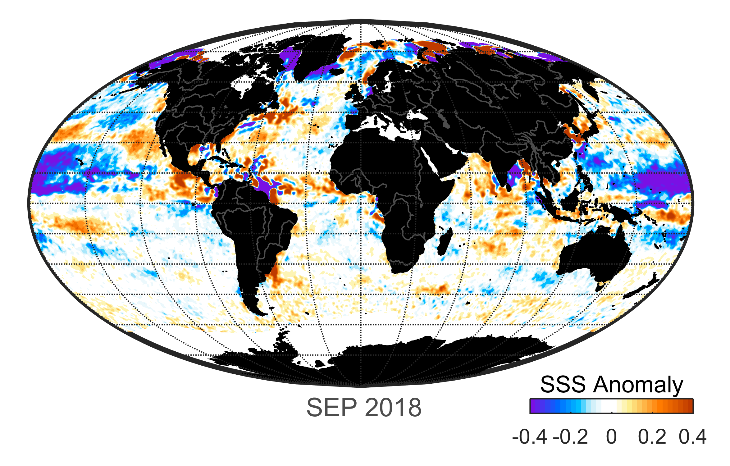 Global map of monthly sea surface salinity, September 2018.
