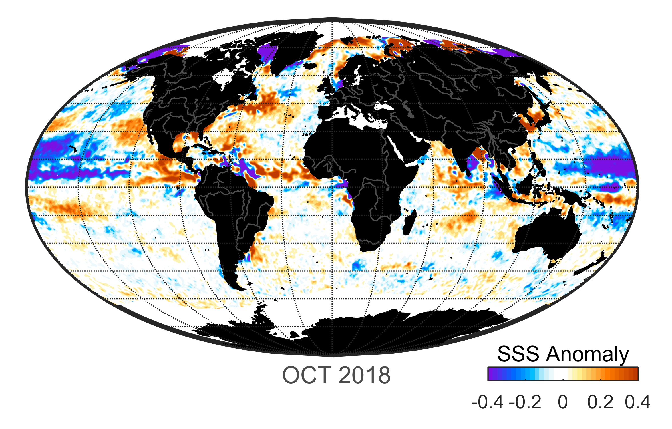 Global map of monthly sea surface salinity anomaly data, October 2018