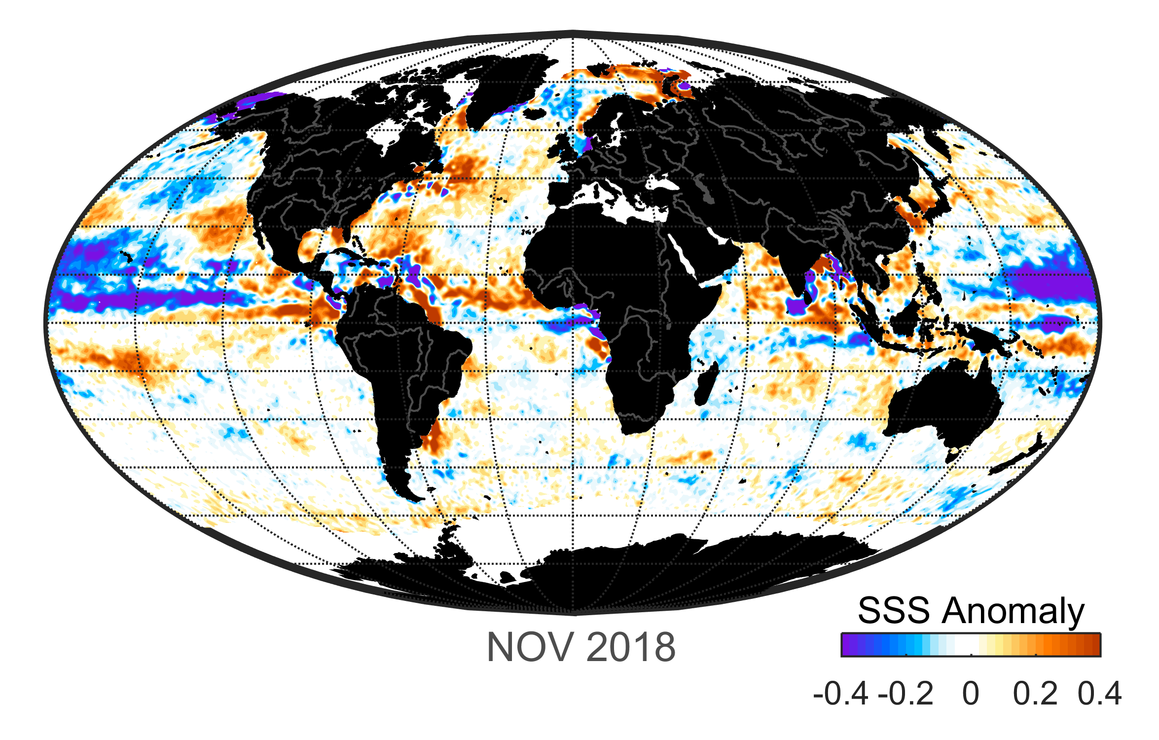 Global map of monthly sea surface salinity anomaly data, November 2018