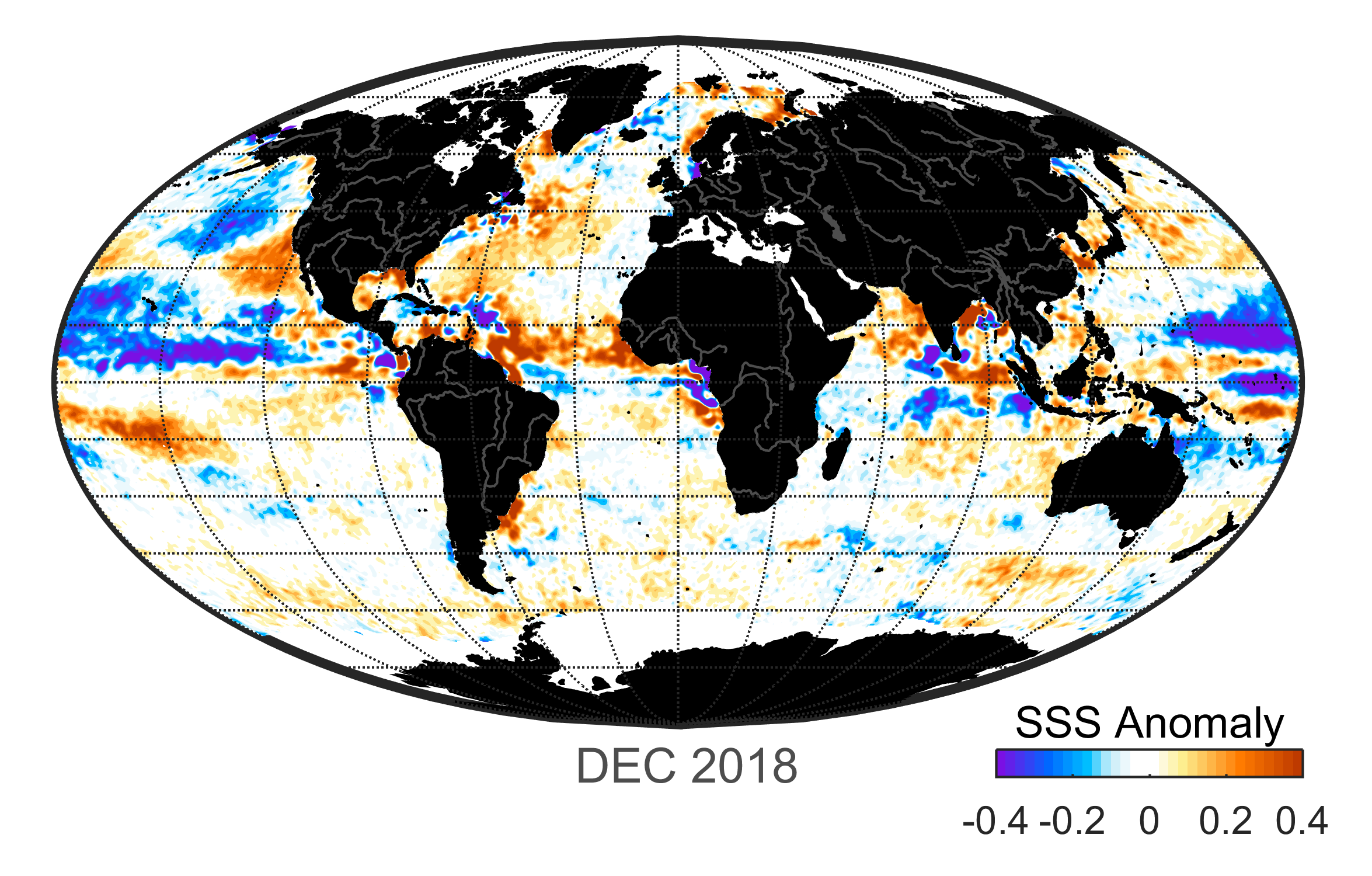 Global map of monthly sea surface salinity anomaly data, December 2018