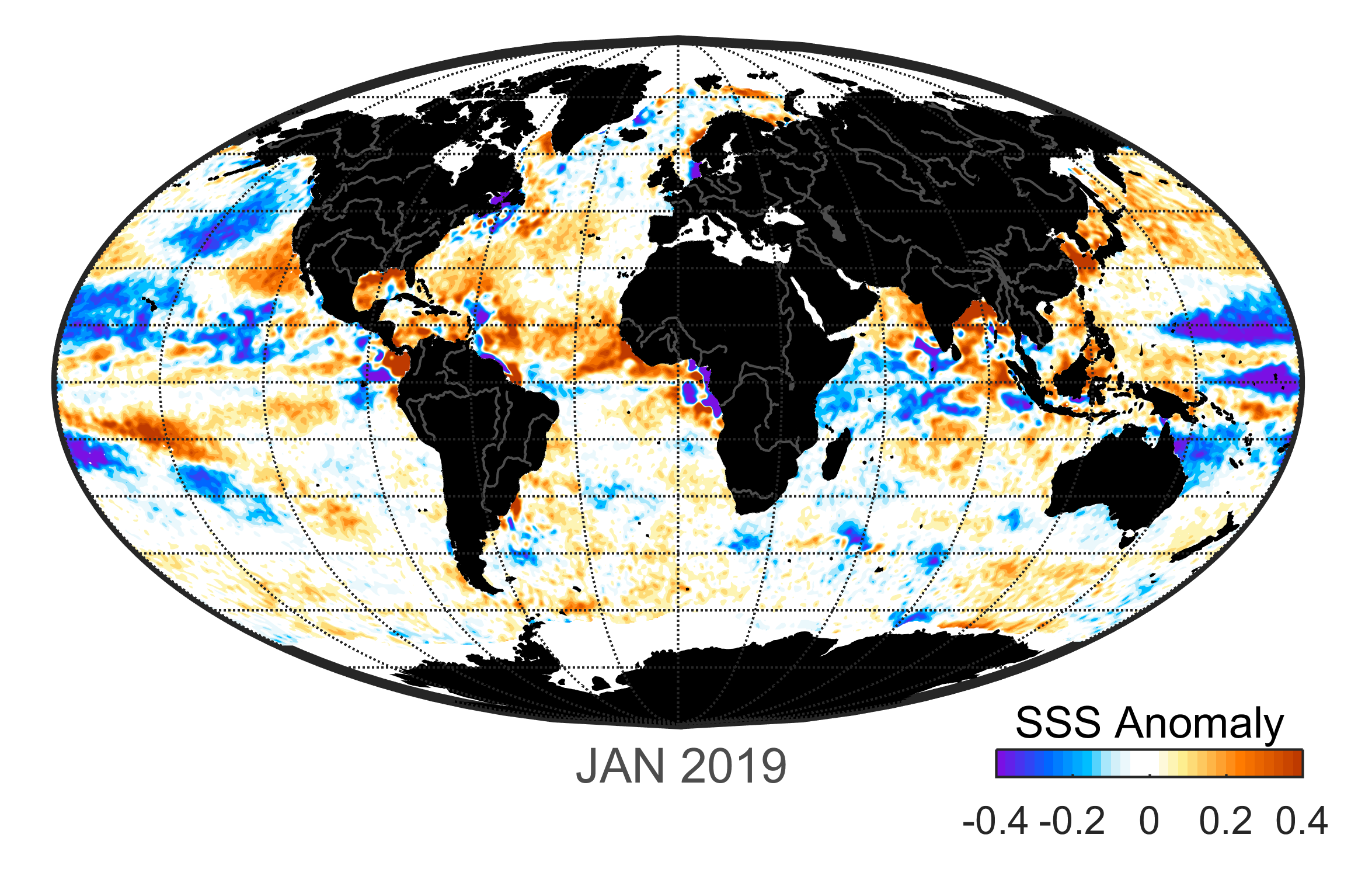 Global map of monthly sea surface salinity anomaly data, January 2019