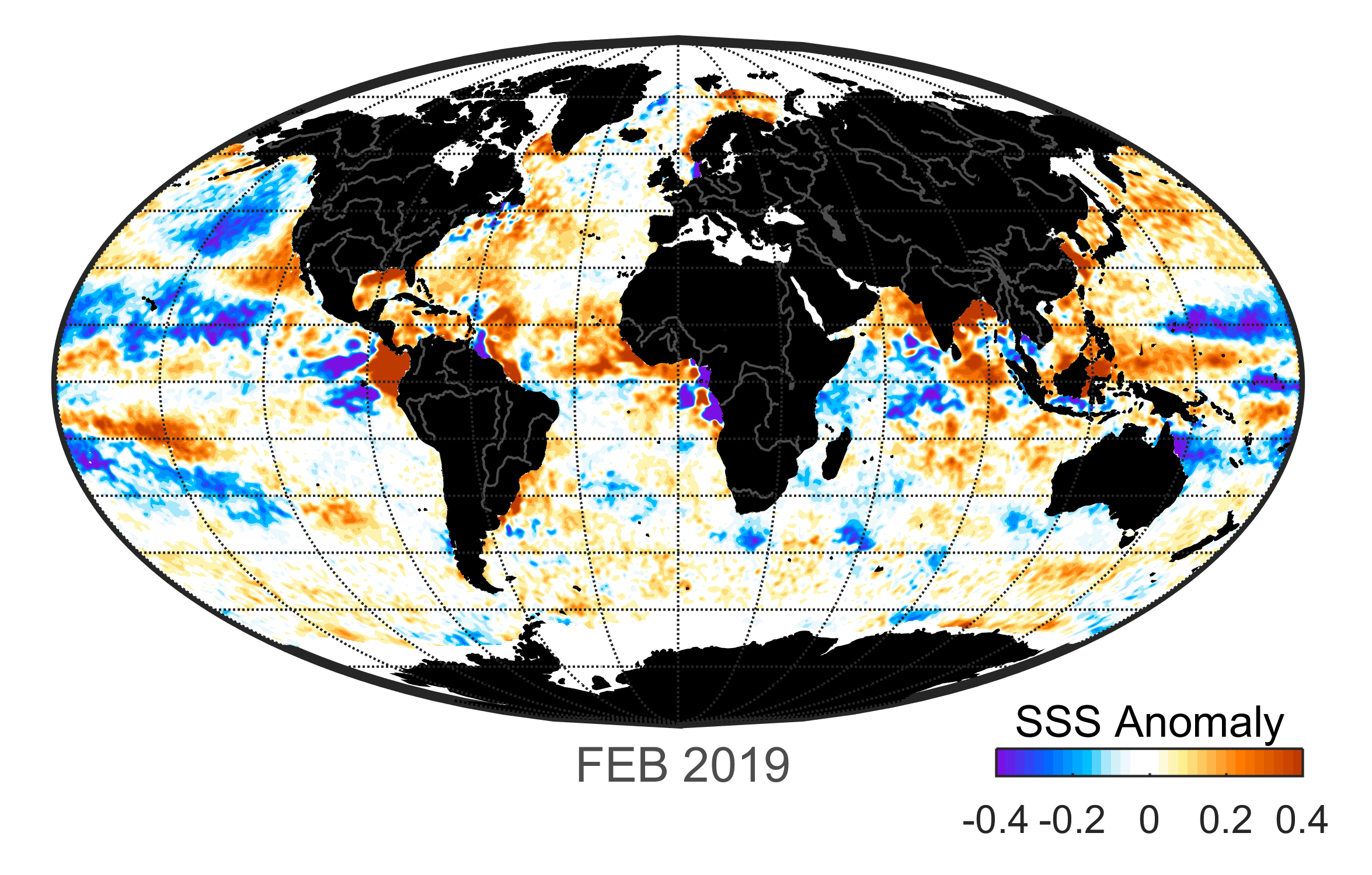 Global map of monthly sea surface salinity anomaly data, February 2019
