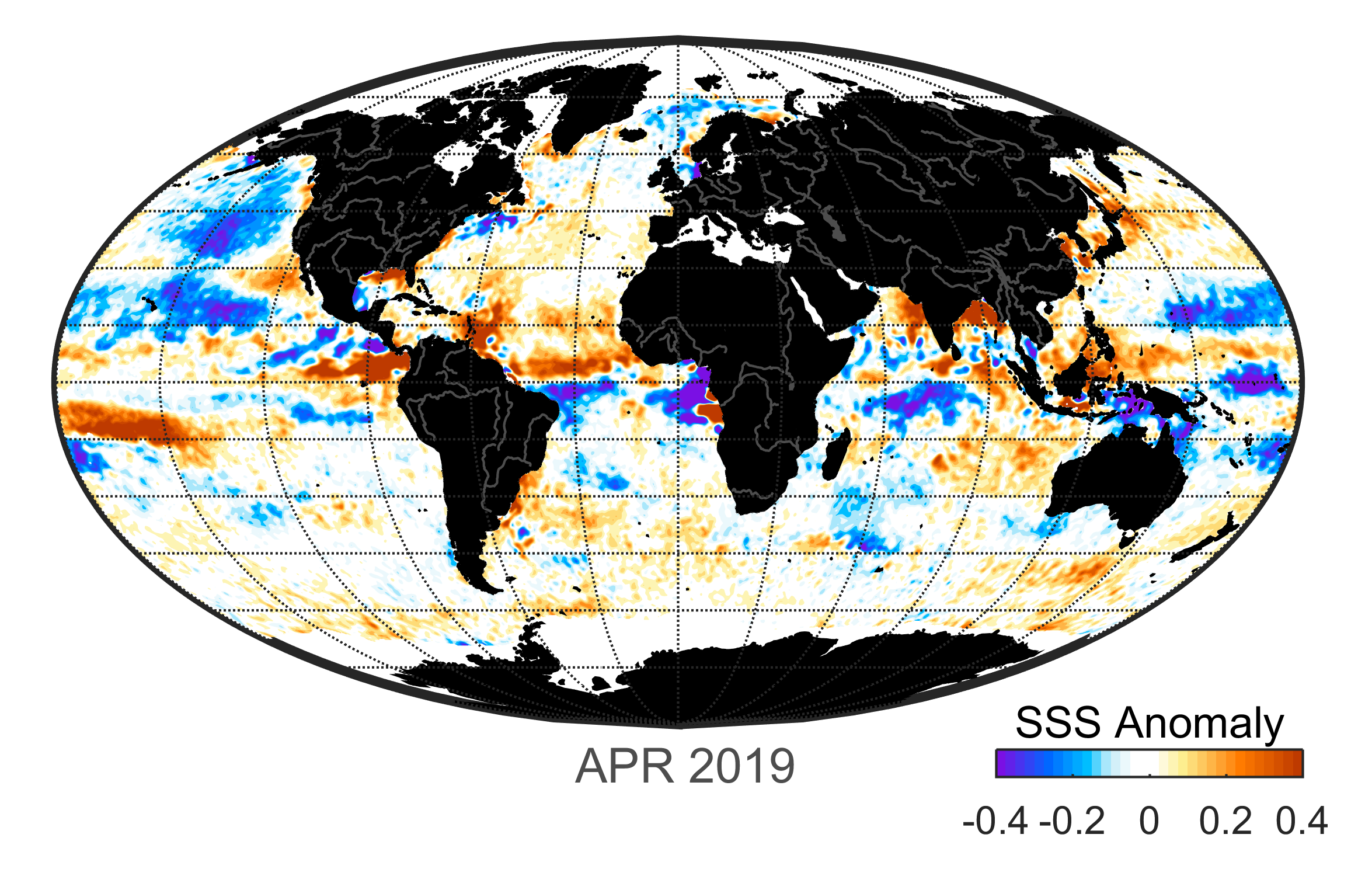 Global map of monthly sea surface salinity anomaly data, April 2019