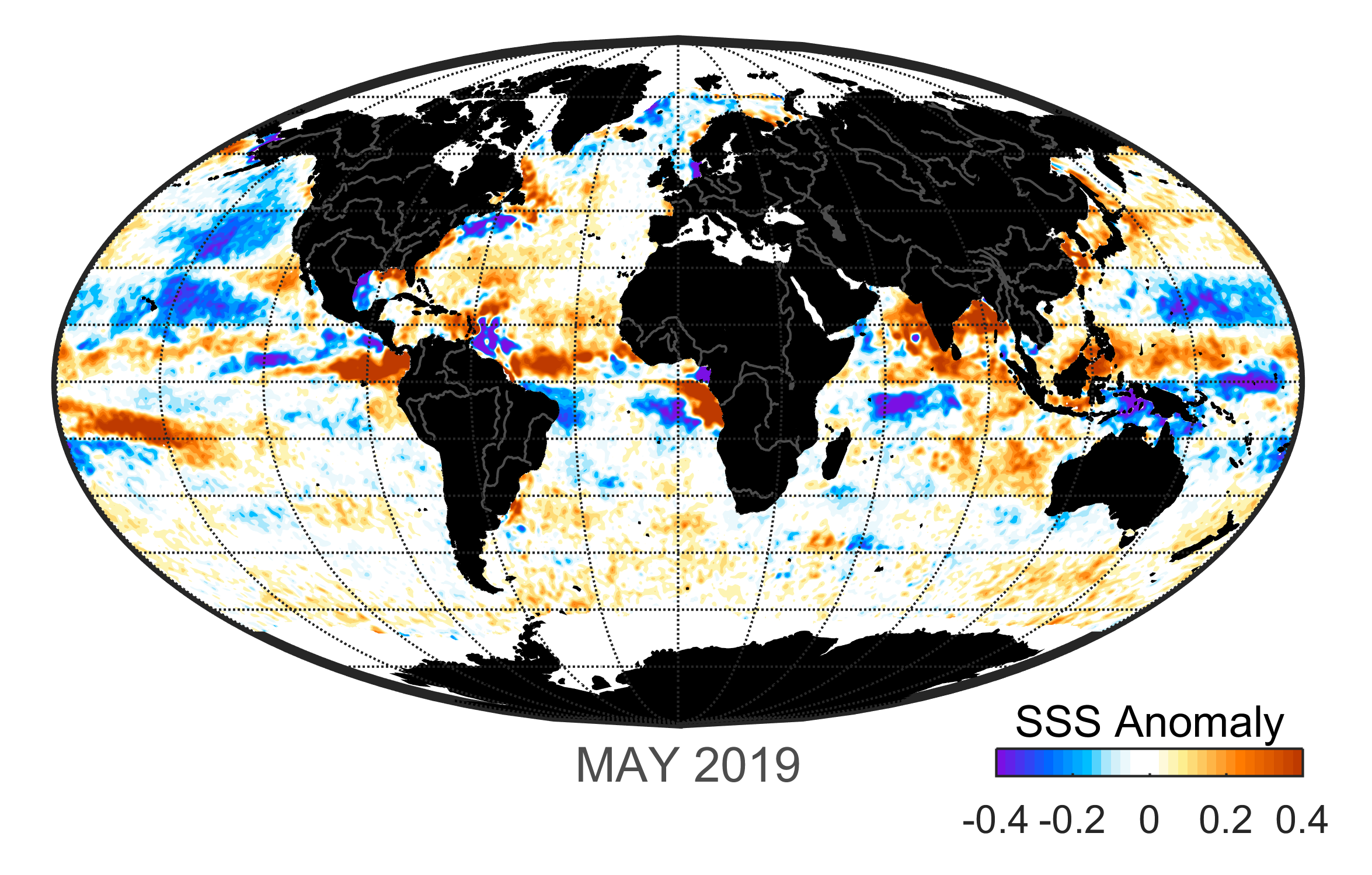Global map of monthly sea surface salinity, May 2019.