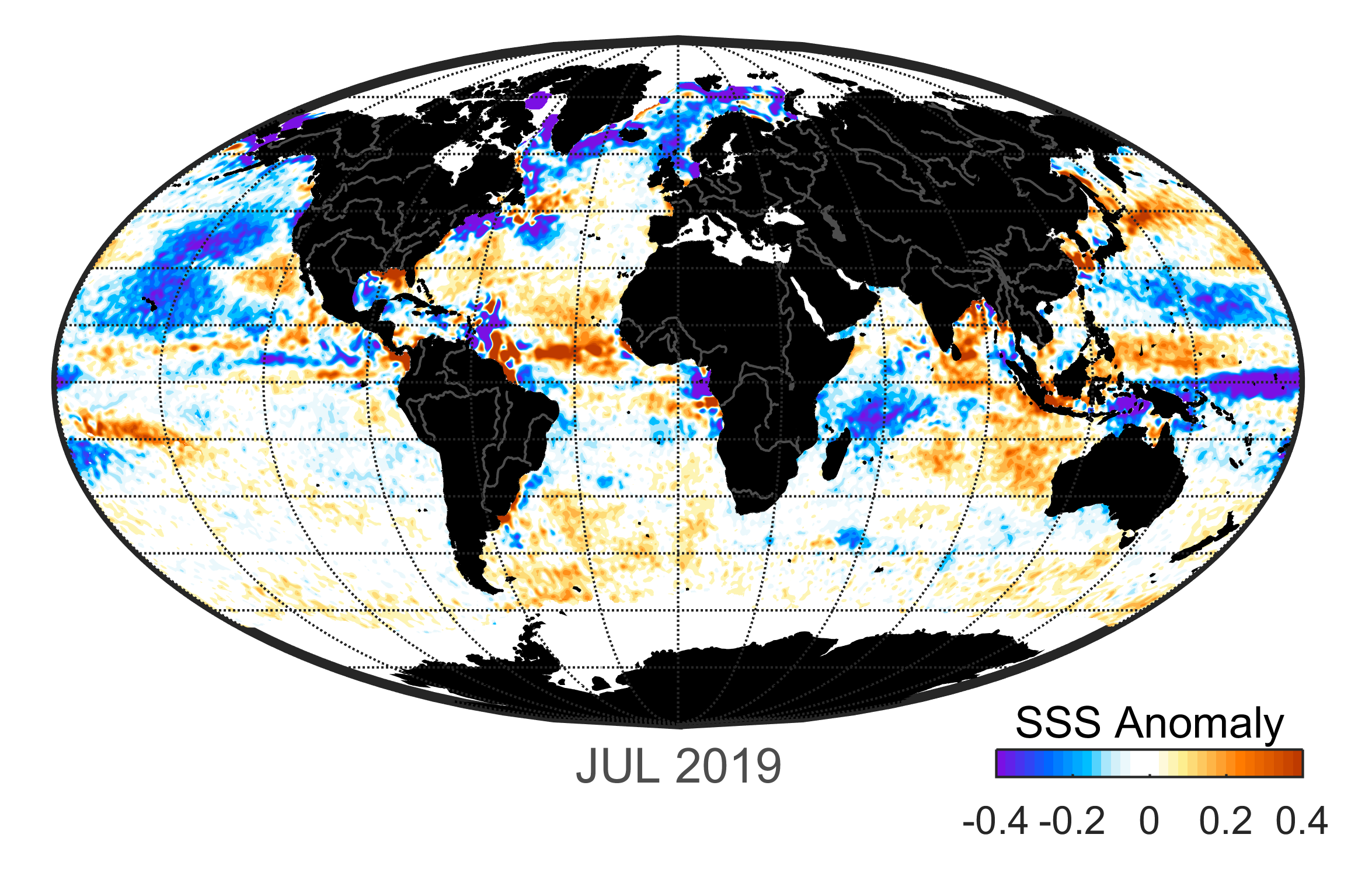 Global map of monthly sea surface salinity anomaly data, July 2019