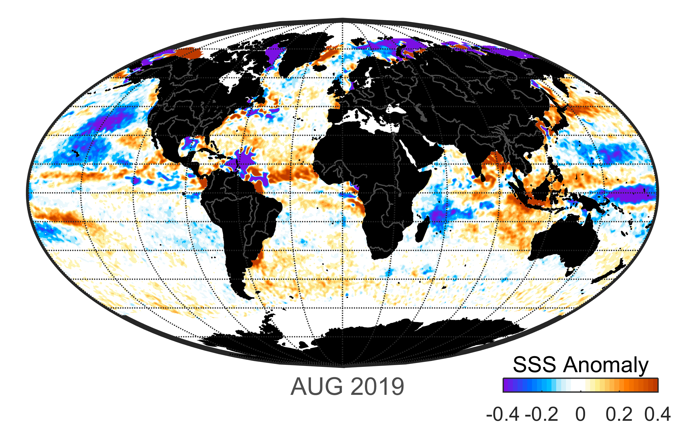 Global map of monthly sea surface salinity, August 2019.