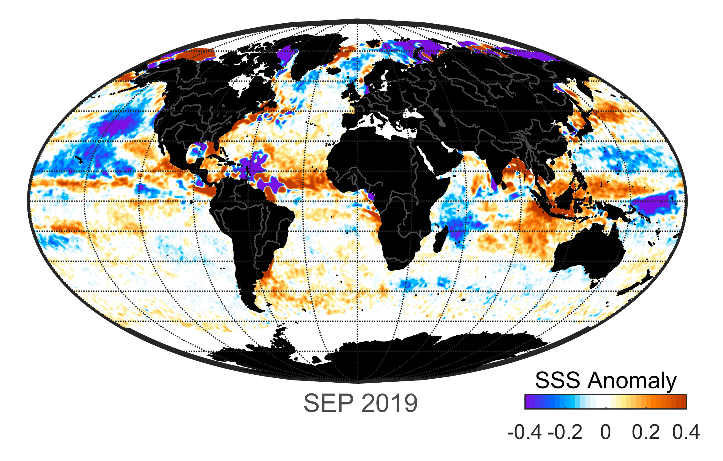 Global map of monthly sea surface salinity anomaly data, September 2019